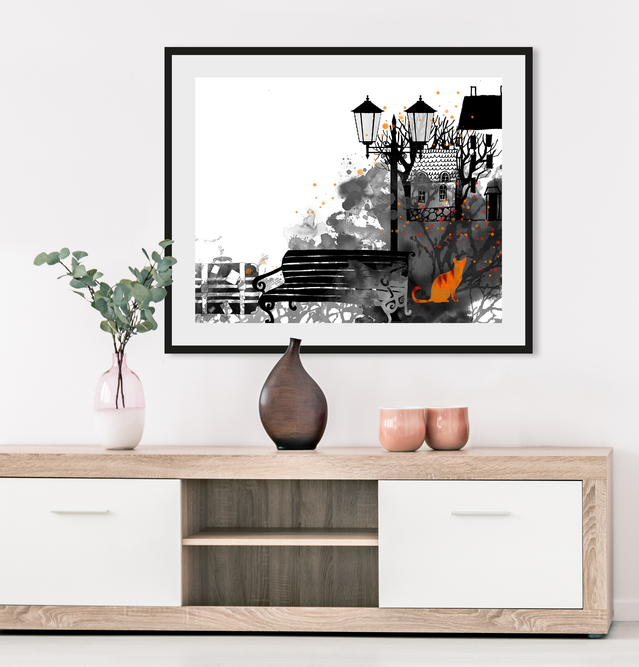 queence Bild »Park« Gebäude | Katze | Katzenbilder | Stadt HD Premium Poster-Druck inkl. Holzrahmen