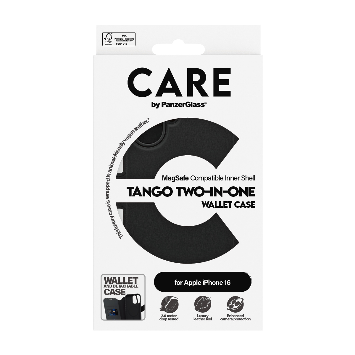 CARE by PanzerGlass Handyhülle »Case Feature Tango 2-in-1 Wallet Case Apple iPhone 16«, Backcover, Schutzhülle, Handyschutzhülle, Case, Schutzcase, stoßfest
