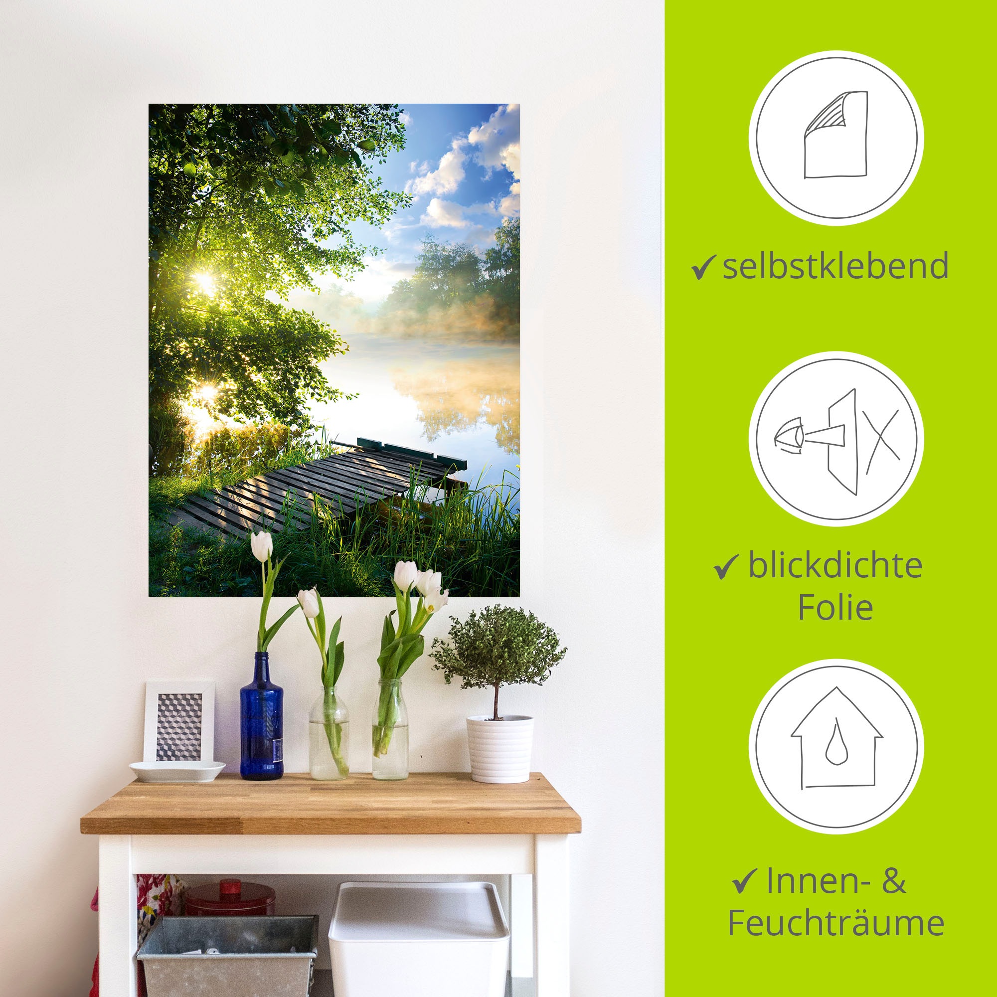 Artland Wandbild »Angelsteg am Morgen«, Gewässer, (1 St.), als Alubild, Outdoorbild, Leinwandbild, Poster, Wandaufkleber