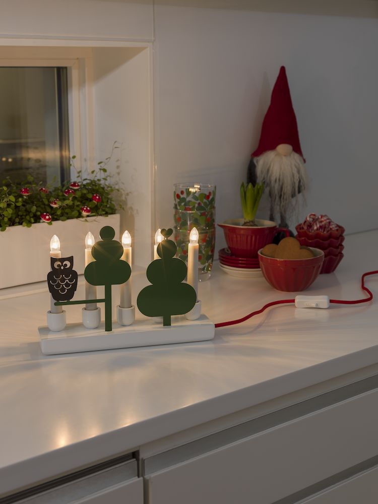 KONSTSMIDE Fensterleuchter »Weihnachtsdeko«, 5 flammig-flammig,  Holzleuchter, weiß lackiert, mit farbiger Metalldekorationen Eule online  kaufen | mit 3 Jahren XXL Garantie