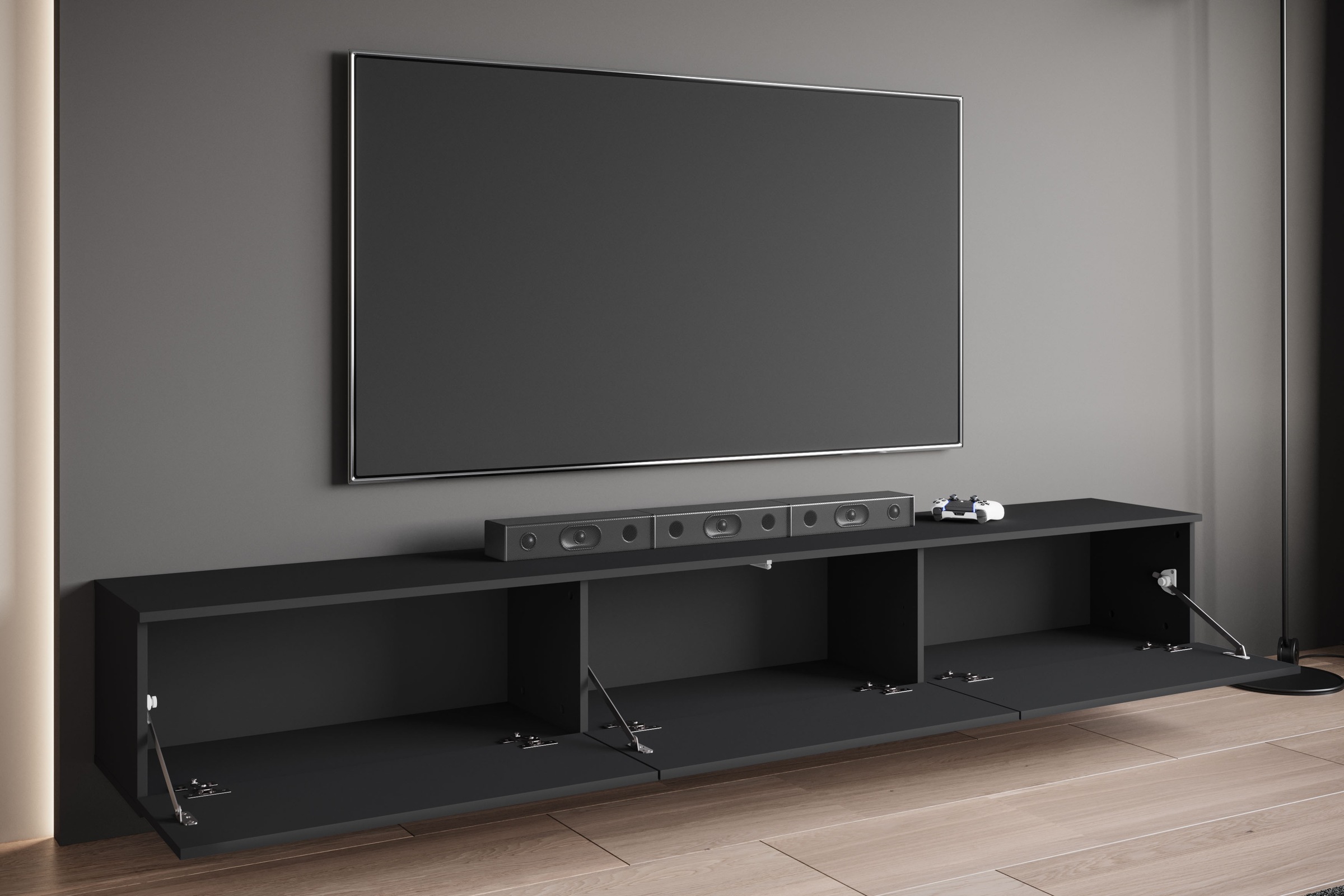 OTTO home Lowboard »Kenia TV-Schrank, 220 cm breit, mit 3 Klappen« 1 Stk. tlg. Stand- oder Hängemontage, stilvolles Design