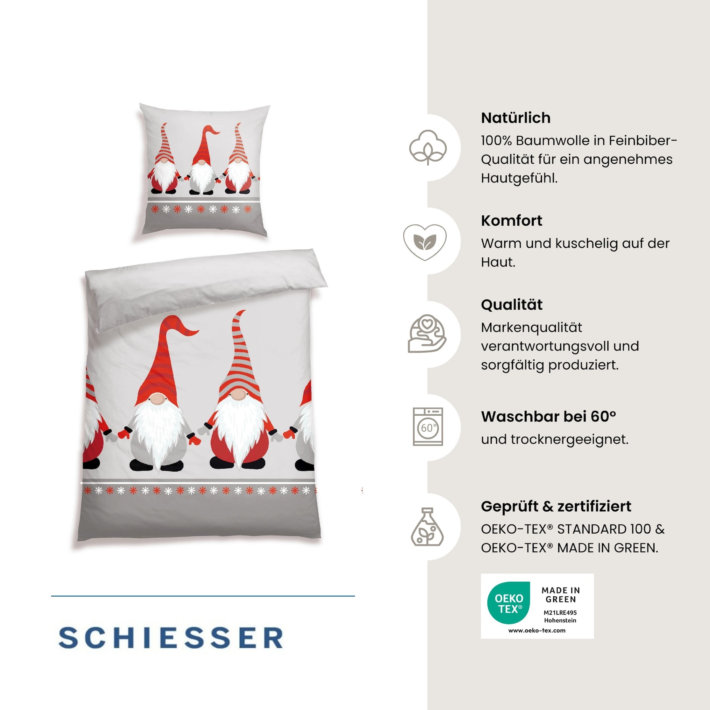 Schiesser Bettwäsche »Balduin aus weichem Baumwoll-Feinbiber mit Winterprint« 2 Stk. OEKO-TEX® MADE IN GREEN