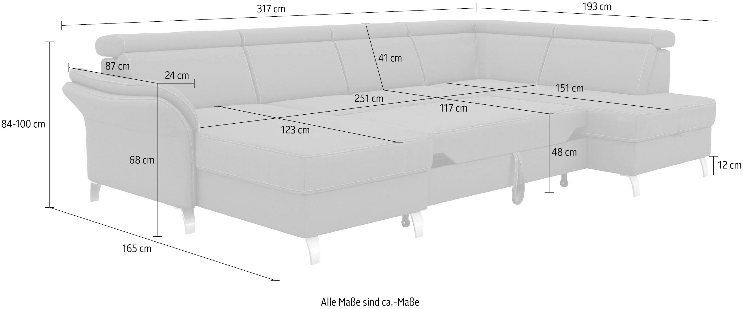 sit&more Wohnlandschaft »Vincenzo U-Form«, inklusive Kopfteilverstellung, wahlweise mit Bettfunktion, Bettkasten