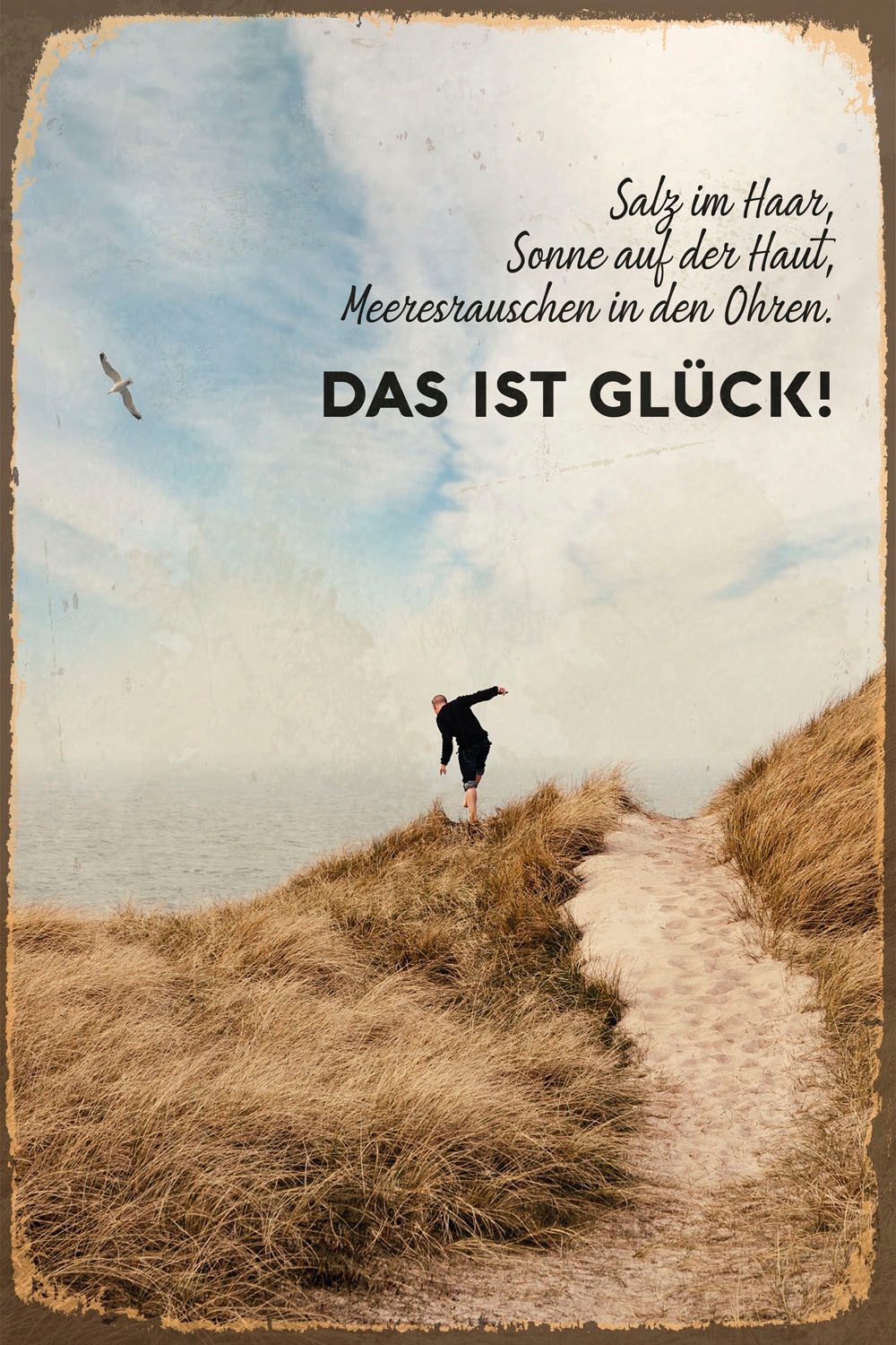 queence Metallbild »Meeresglück«, Schriftzüge-Schriftzug-Strand, (1 St.), Stahlschild, Blechschild, Meer, Fernweh
