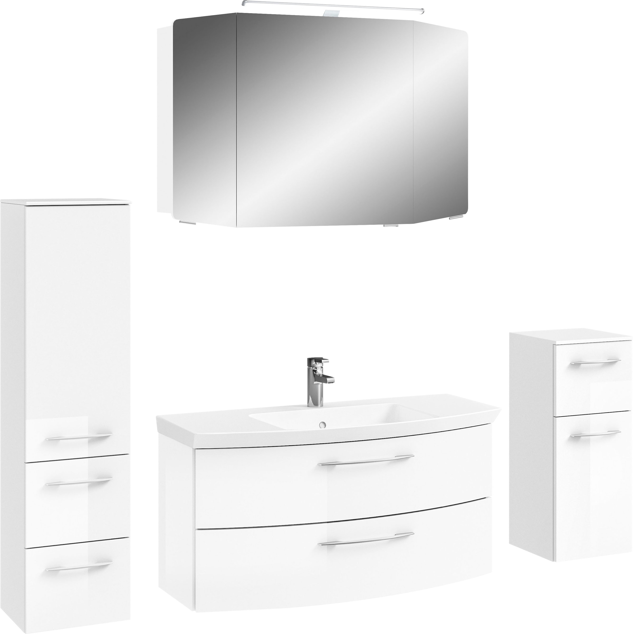 Saphir Badezimmer-Set »Cassca Sprint 4-teilig Mineralmarmor-Waschtisch mit LED-Spiegelschrank«, (5 St.), Midischrank, Unterschrank, inkl. Türdämpfer, 5 Türen, 5 Schubladen