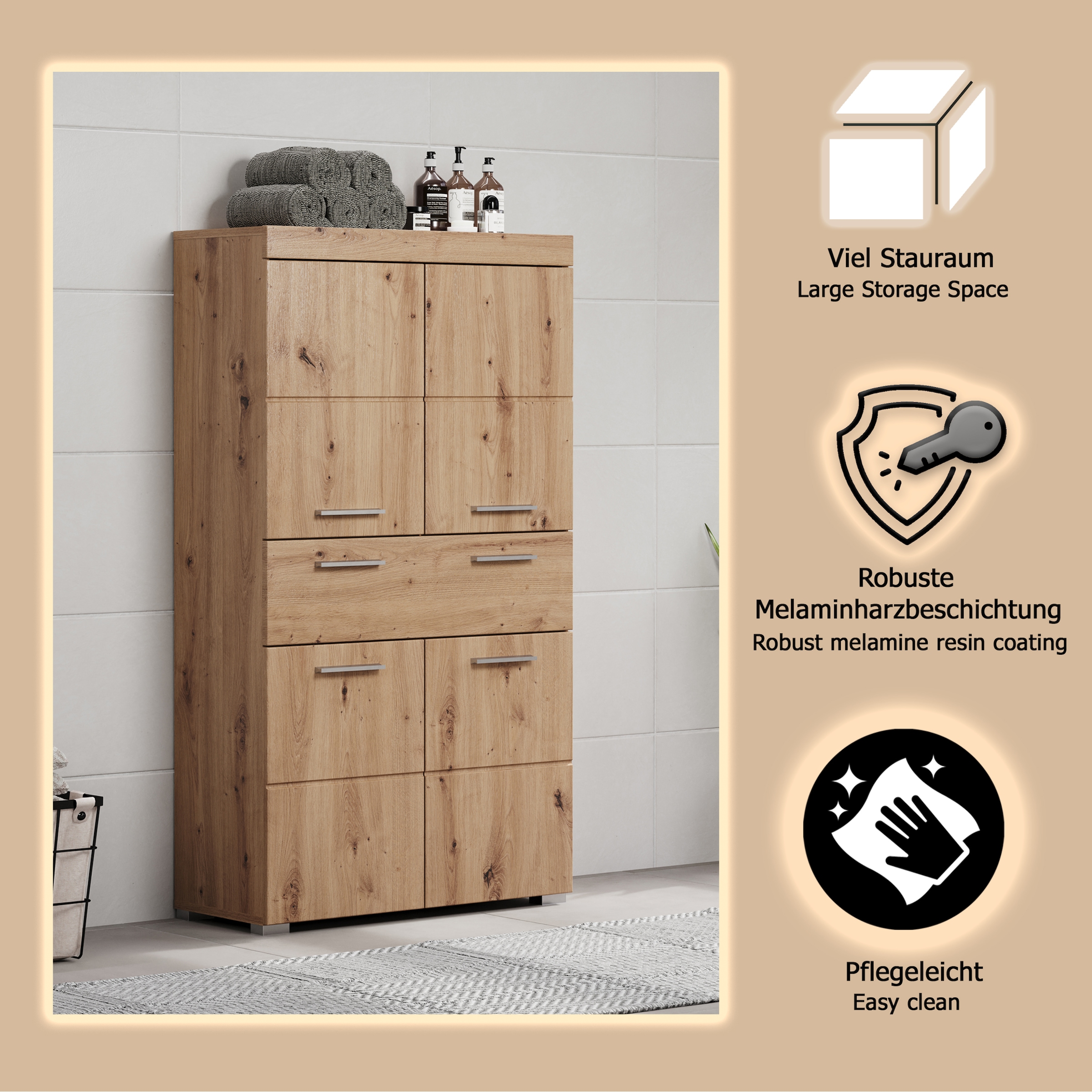 welltime Midischrank »Avena«, Standschrank mit 4 Türen, 1 Schublade - (B/T/H) 73/31/130 cm
