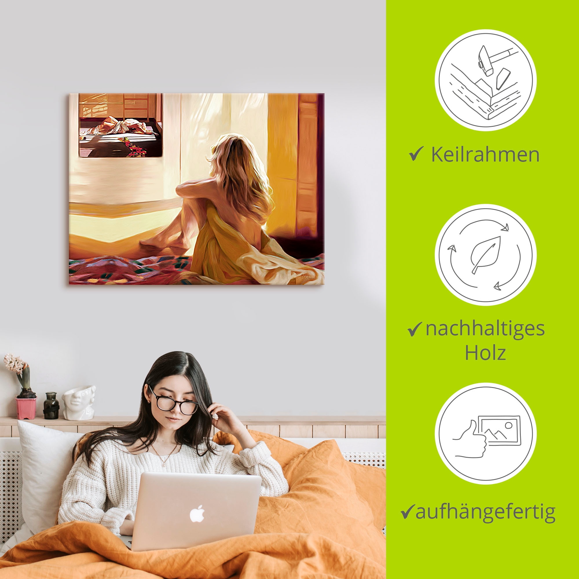 Artland Wandbild »Blondes Mädchen sitzt auf dem Bett«, Bilder von Frauen, (1 St.), als Alubild, Outdoorbild, Leinwandbild in verschied. Größen