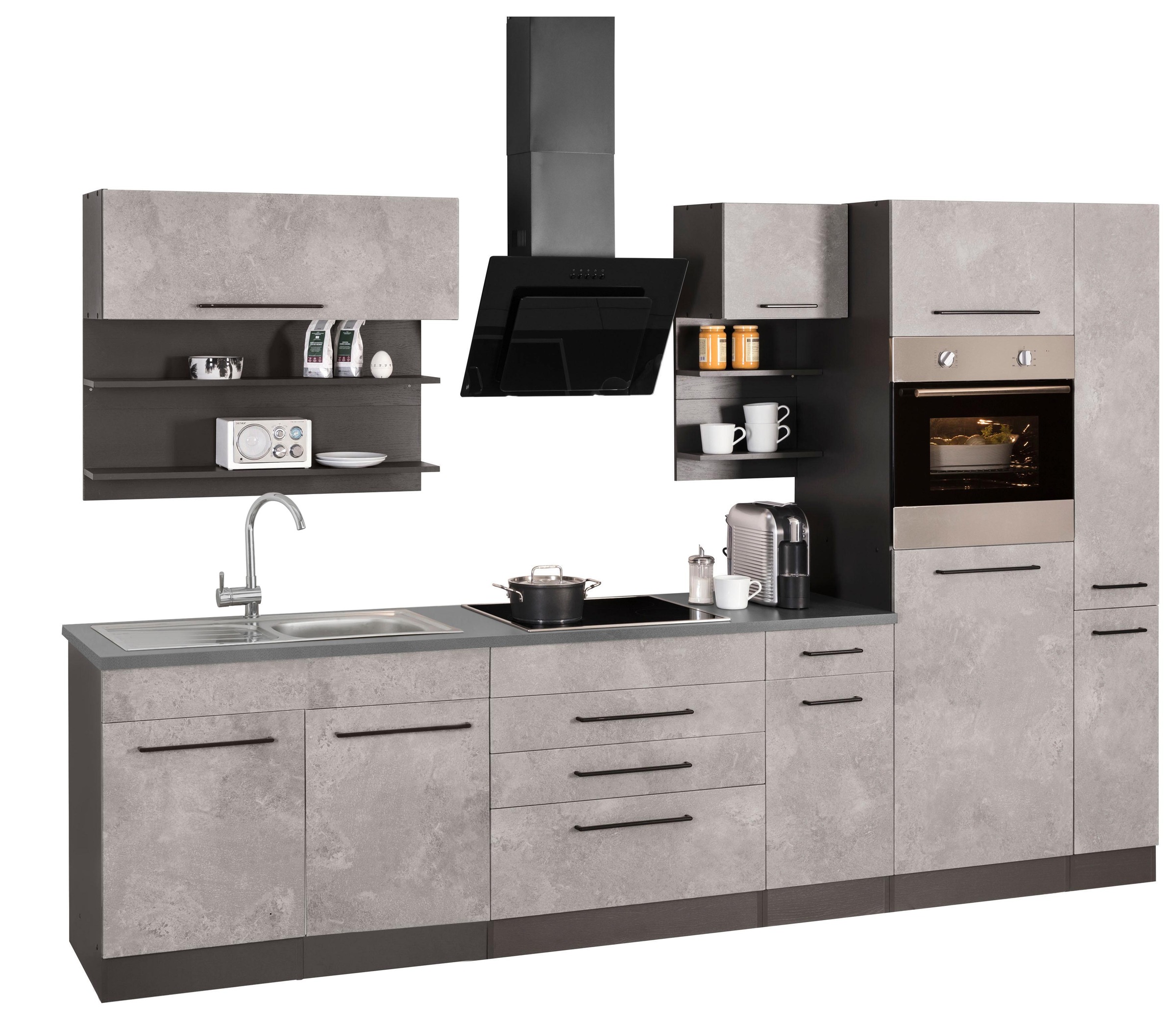 KOCHSTATION Küchenzeile »KS-Tulsa« mit E-Geräten, Breite 320 cm, schwarze Metallgriffe, MDF Fronten