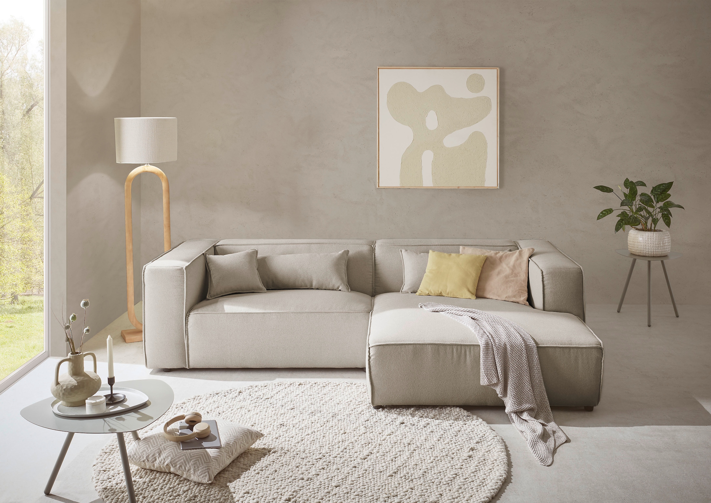 LeGer Home by Lena Gercke Ecksofa »PIARA mit Kedernaht, Cord, Leinenoptik o. Strukturstoff, Couch, L-Form«, wahlweise Ottomane rechts/links, schwarze Füße, bequemer Sitzkomfort
