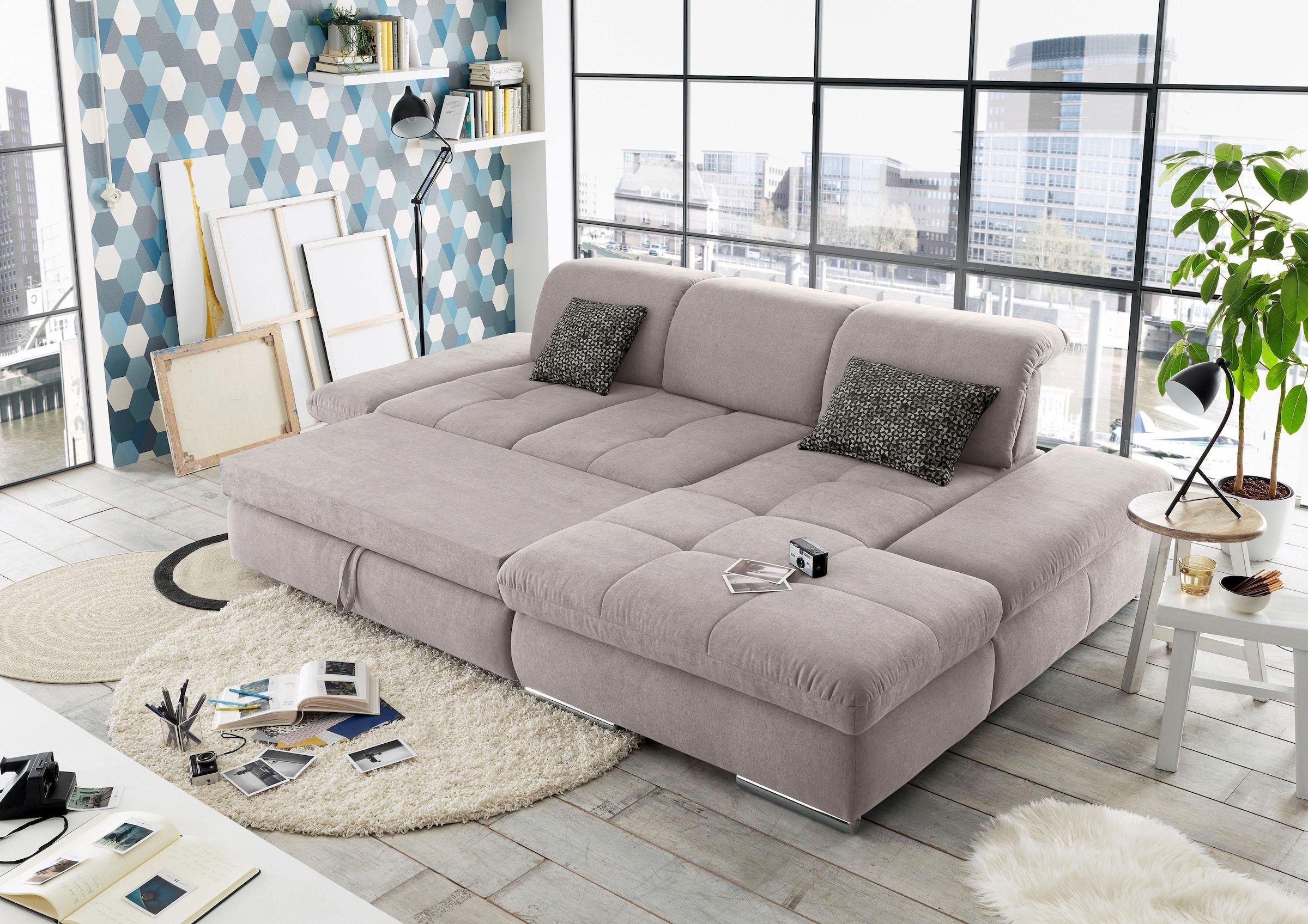 set one by Musterring Ecksofa »SO4100 V«, mit verstellbaren Kopfteilen, wahlweise mit Funktionen, Cord-Bezug