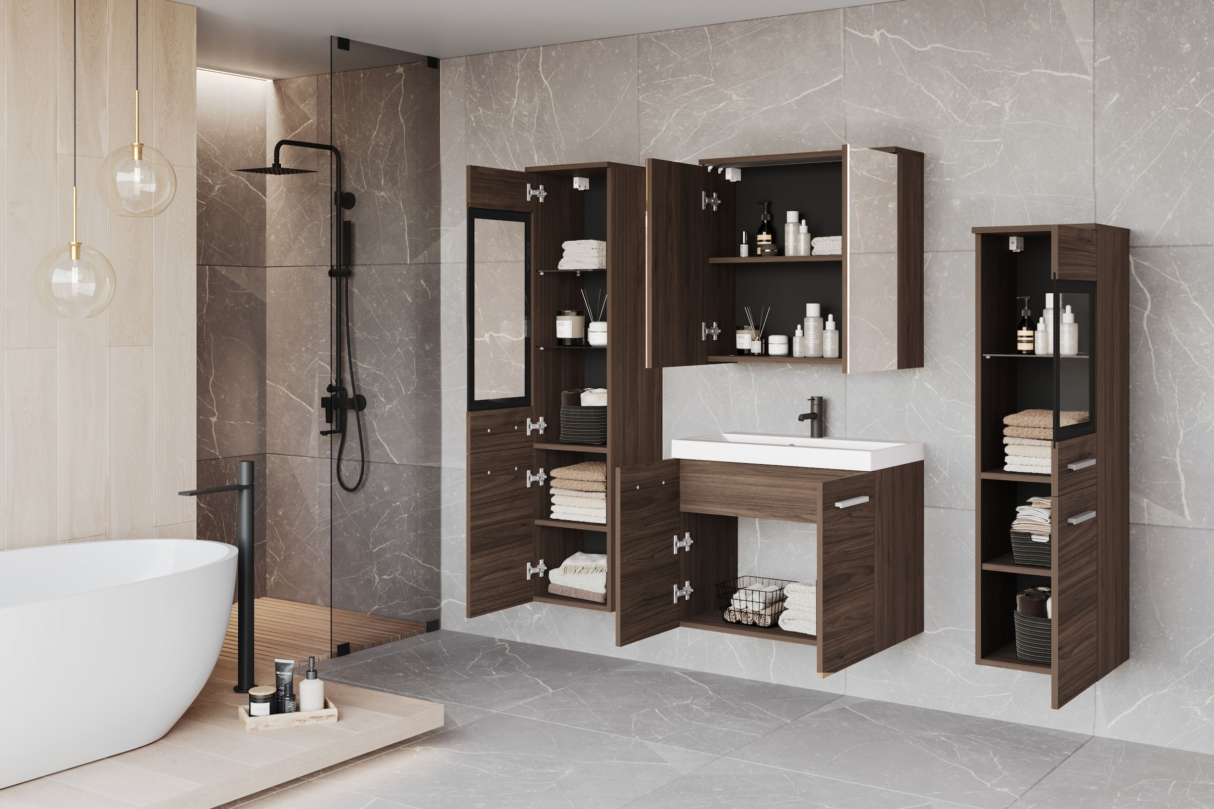 welltime Badmöbel-Set »MADRIT II, Schrank mit Waschbecken, 2 Hänger, Spiegelschrank« Komplett-Set, 5 Stk. tlg.