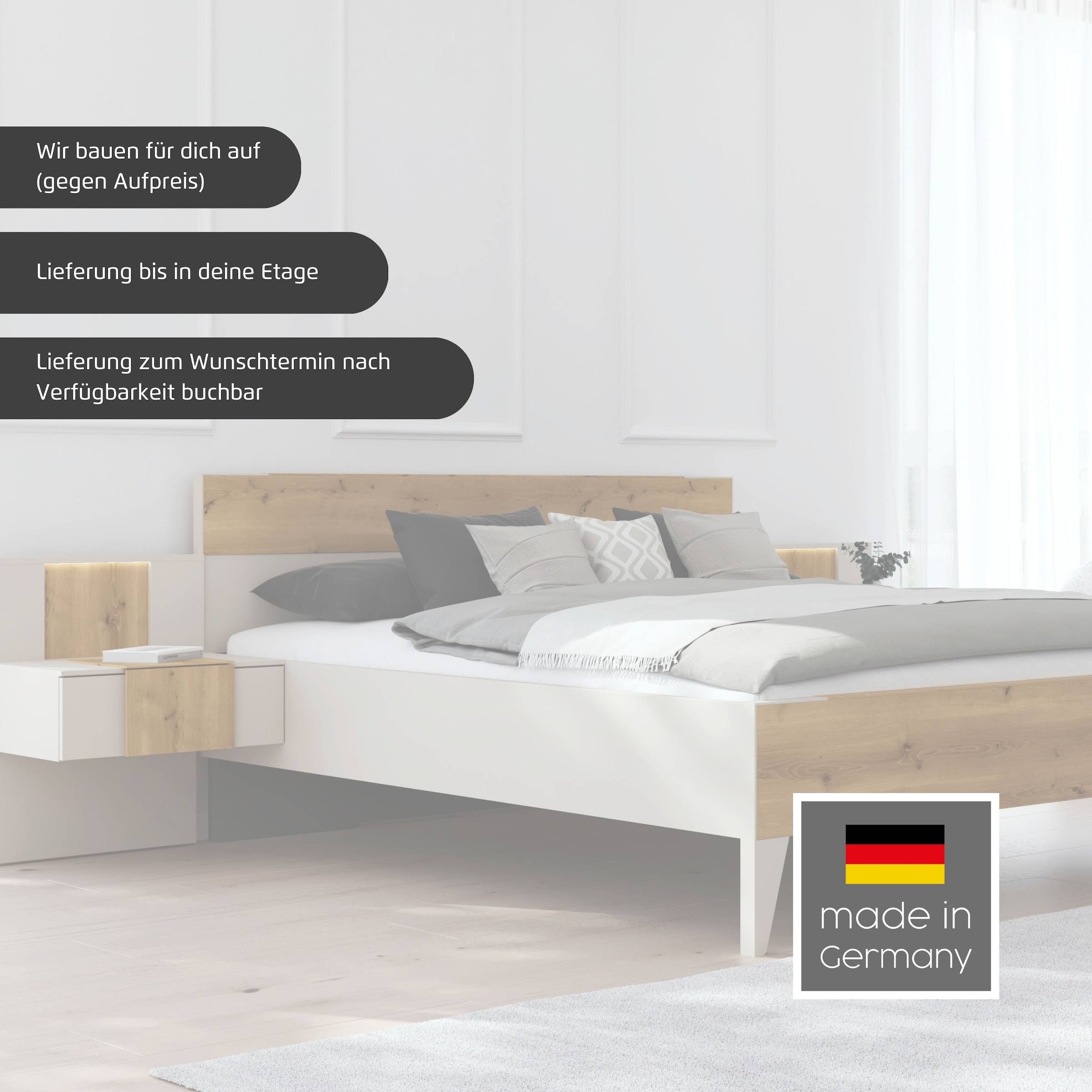 rauch Bettanlage »Bett Doppelbett Komfortbett Schlafzimmer Nachttische KONA« Set, Bett 180x200 oder 200x200, 2x Hängenachttisch, 2x Paneele mit Bel., 5 tlg. tlg. Absetzung Asteiche massiv, inkl. SOFT-CLOSE-FUNKTION MADE IN GERMANY