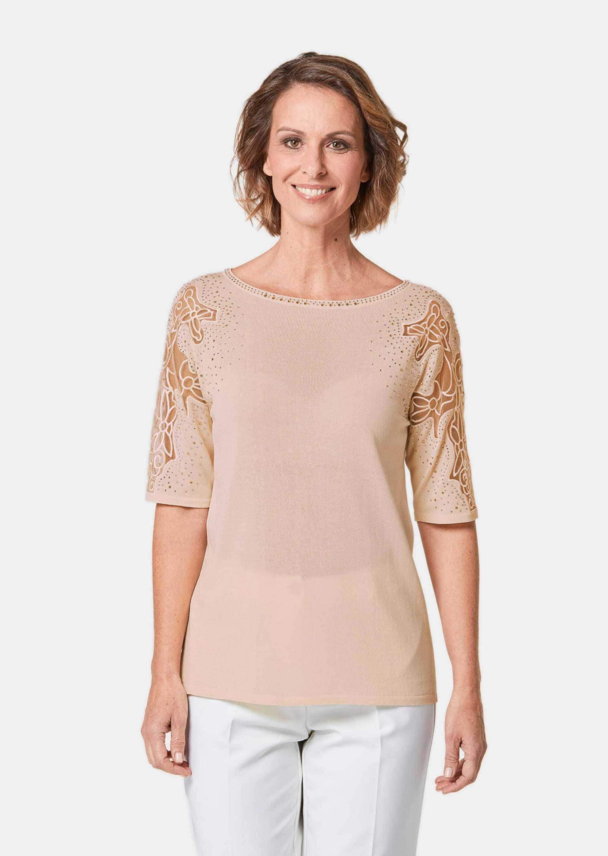 GOLDNER Rundhalspullover »Pullover mit Spitzeneinsätzen und Glanzsteinchen«