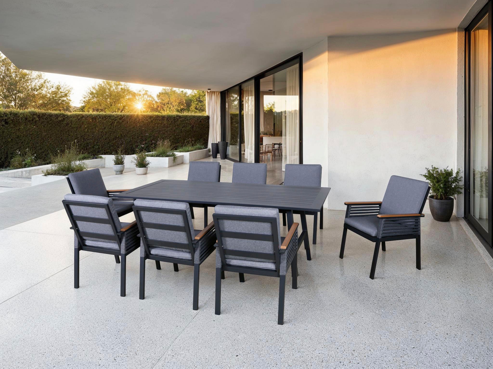 KONIFERA Garten-Essgruppe »Diningset »Edessa«« Set, 8 Sessel, Tisch 97x220x74cm, inkl. Auflagen, 25 Stk. tlg. Armlehne mit Seilgeflecht und Nonwood-Latten