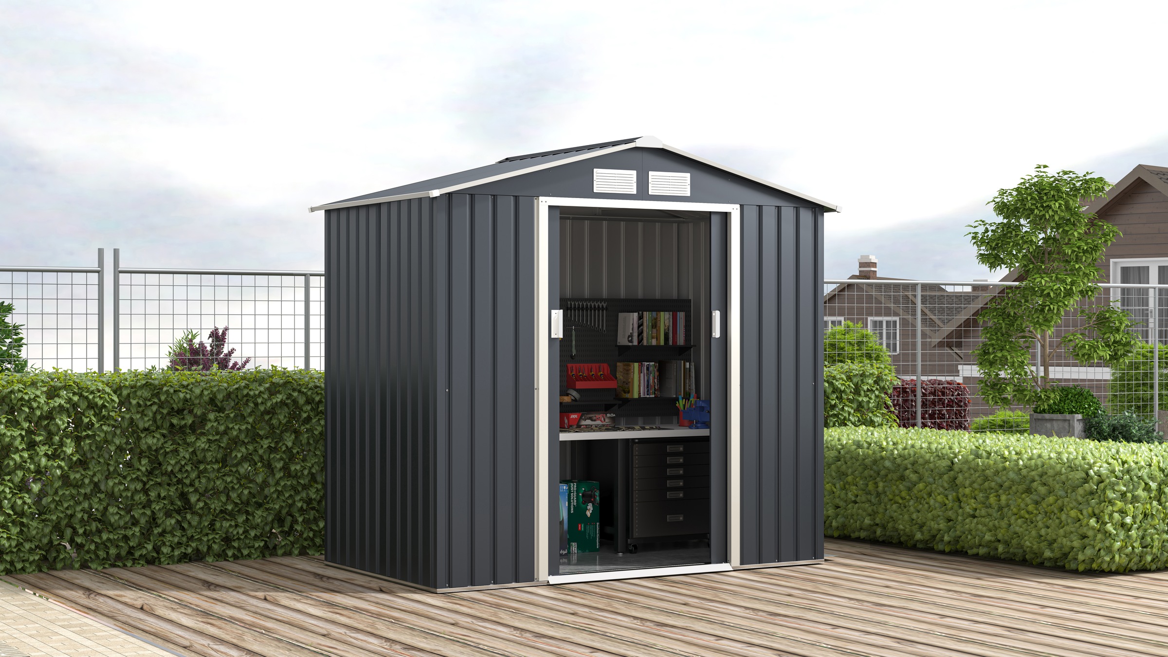 KONIFERA, Gerätehaus »Burgos« wetterfest und langlebig, nahezu wartungsfrei, anthrazit -beige, Metall, anthrazit -beige