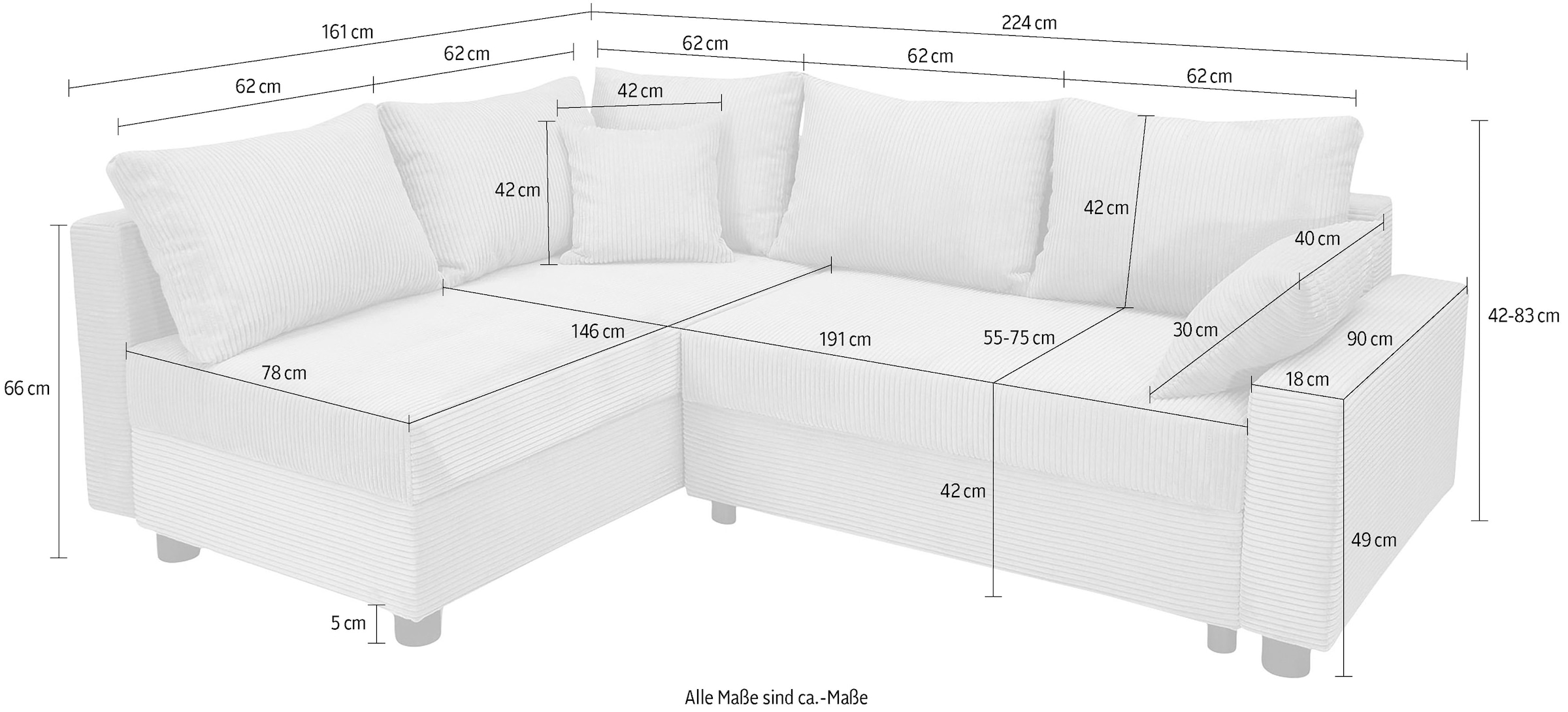 COLLECTION AB Ecksofa »Parma L-Form«, mit Schlaffunktion und Bettkasten, inklusive Kissen, Bonellfederkern