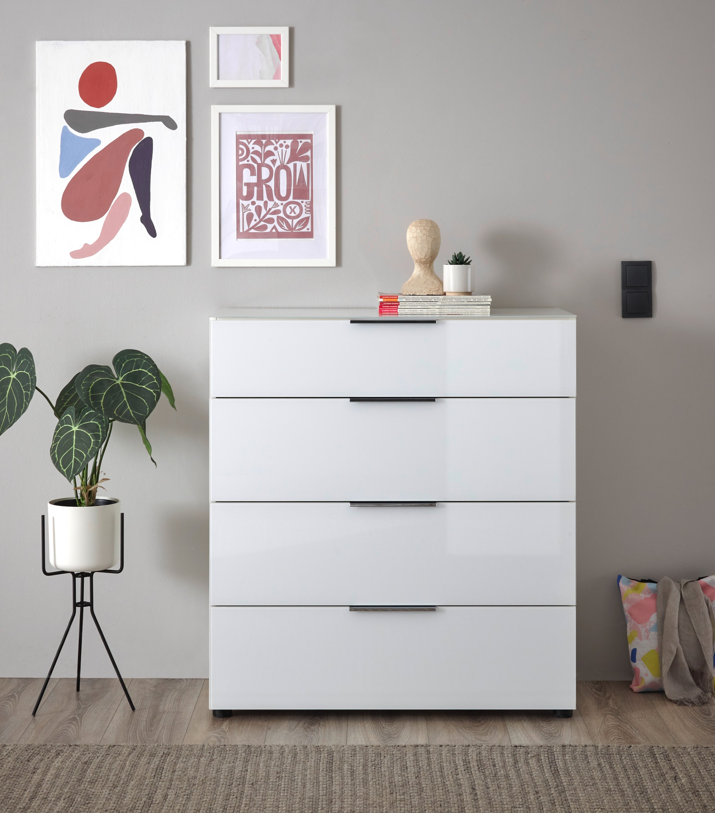 HBZ Kommode »Santorin Mehrzweckschrank mit Schubkästen, BxHxT 90x99x40 cm«, (1 St.), Mit 4 Schubkästen mit Softclose, Glasfront und Glasoberboden