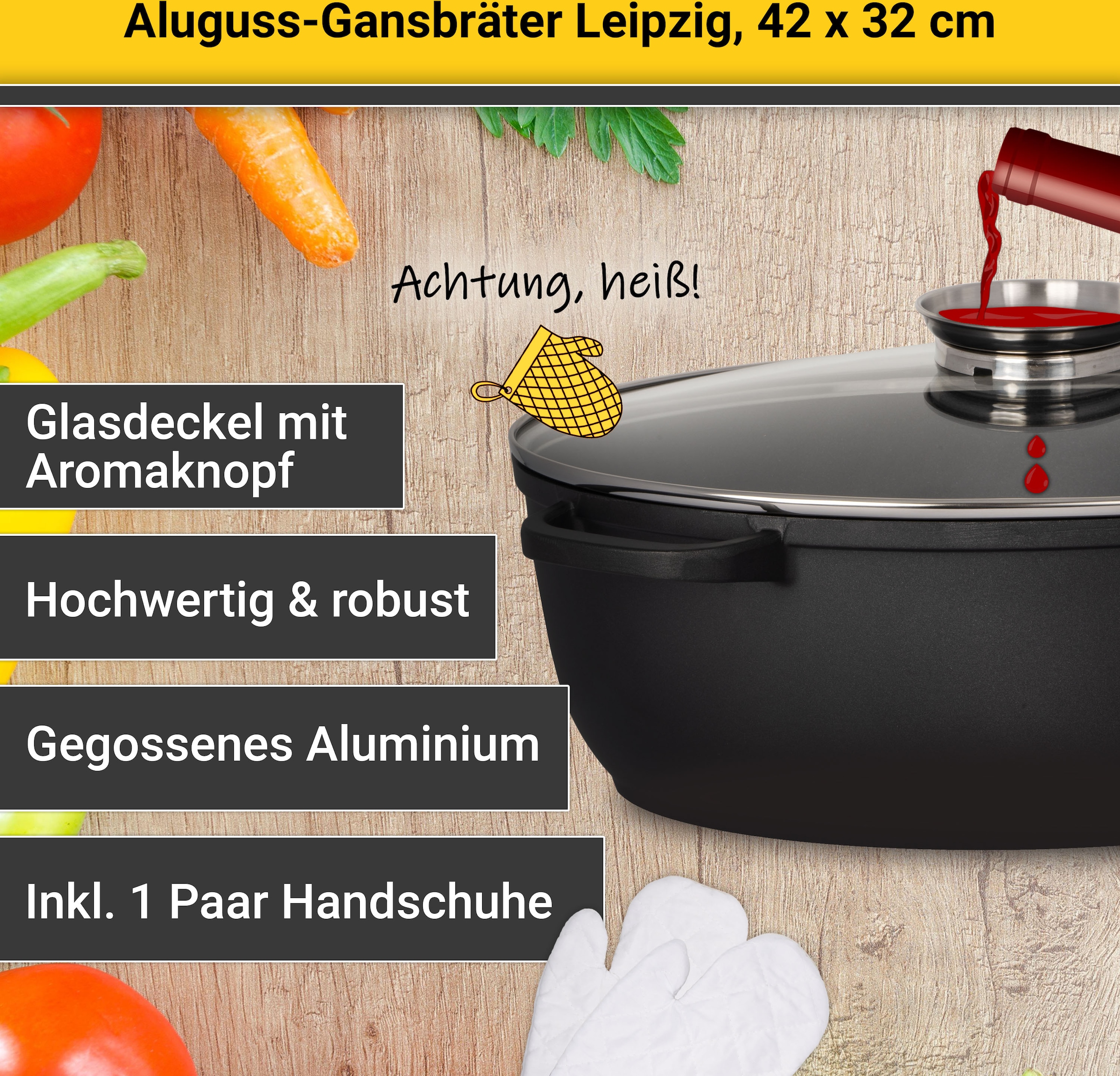 Krüger Bräter »Aluguss Gansbräter mit Glasdeckel und Aromaknopf LEIPZIG, 42x32x14 cm«, Aluminiumguss, (1 tlg.), hochwertige Antihaft-Versiegelung