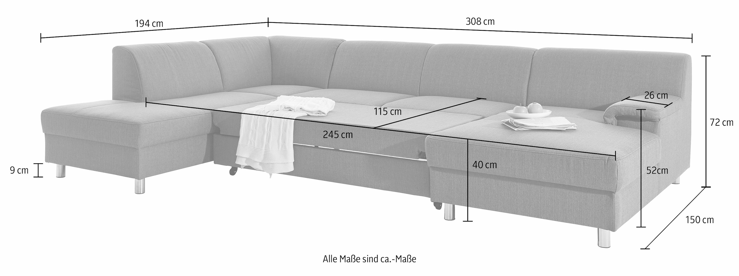 INOSIGN Wohnlandschaft »Jamie, zeitloses Design, fester Sitzkomfort, viel Platz, U-Form«, wahlweise mit Bettfunktion