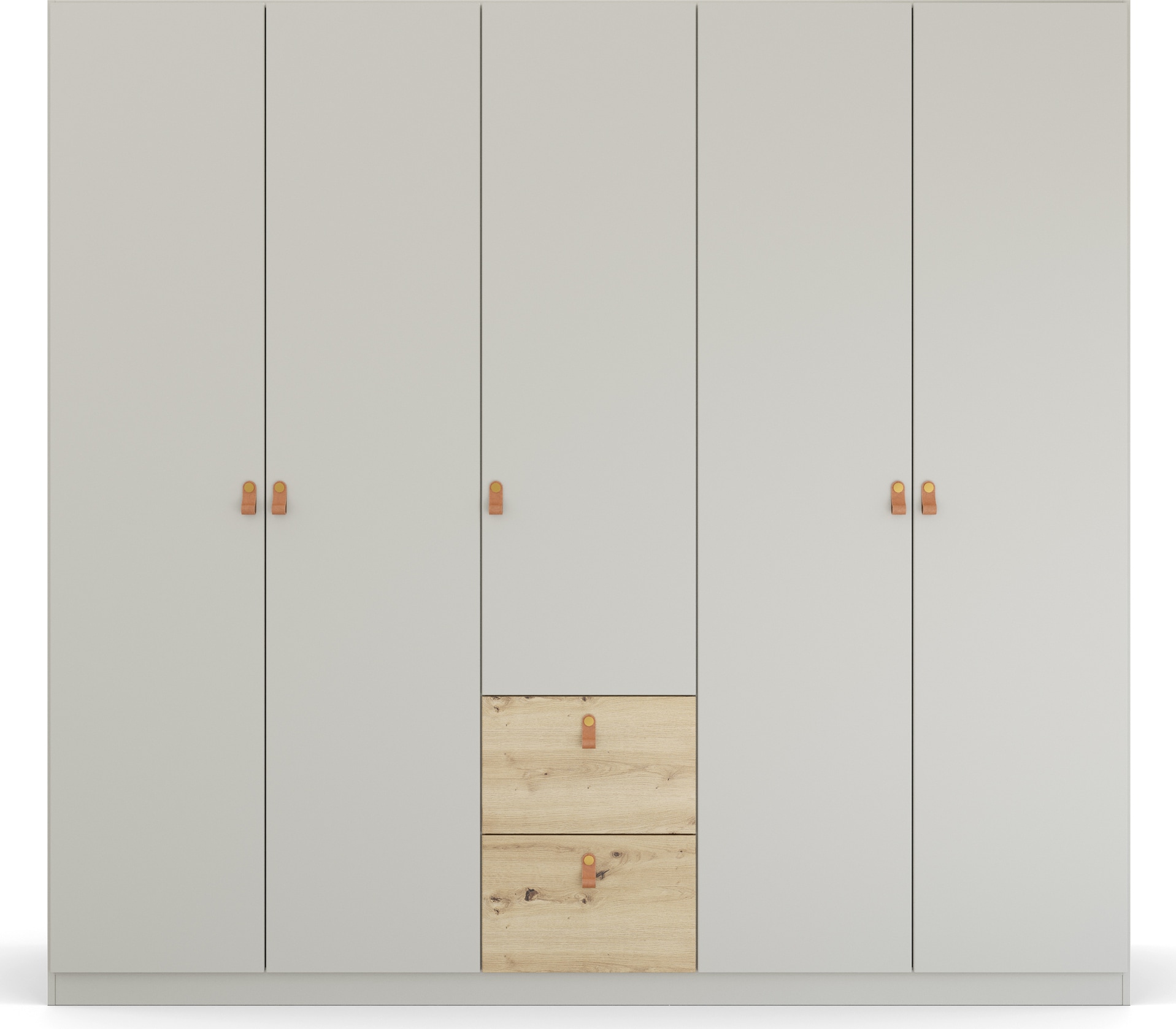 rauch Drehtürenschrank »Homey by Quadra Spin«, mit cognacbraunen Ledergrifflaschen, Schubladen in Eichen-Dekor