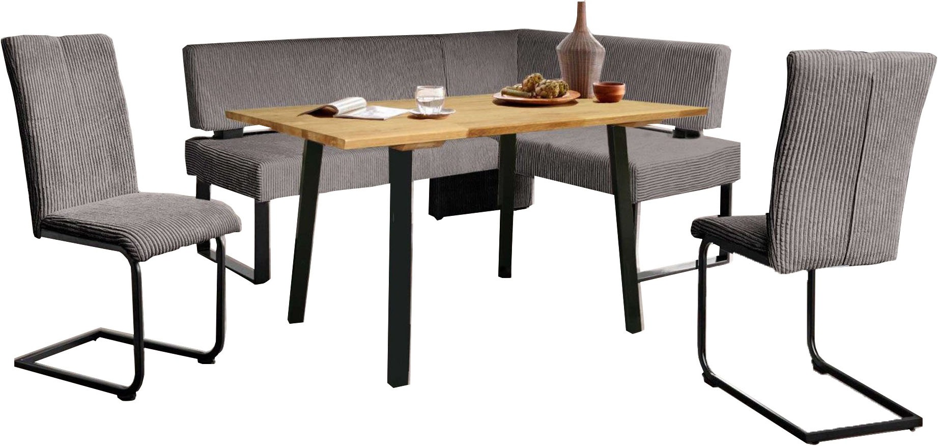 OTTO home, Eckbankgruppe »Oliver« Set, 4-tlg, 4 Stk. tlg. Eckbank mit Wellenunterfederung im Sitz, Tisch Massiv Eiche, Moonbeam + schwarz, FSC -
