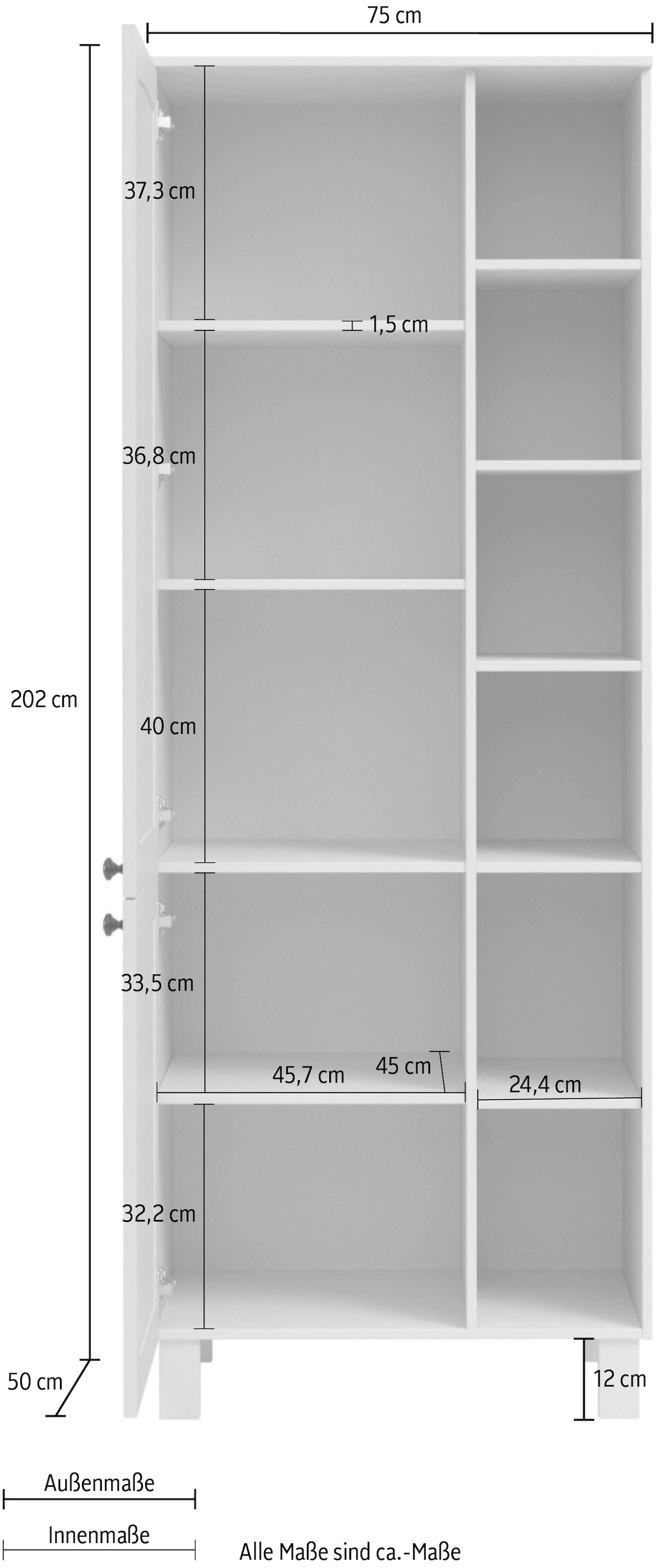 KOCHSTATION Hochschrank »KS-Osby«, Kiefer massiv, Breite 75 cm, 2 Türen, 4 Einlegeböden, 6 offene Fächer