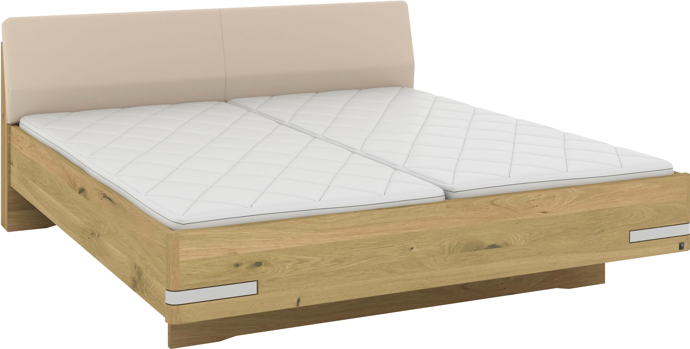 Musterring Holzbett »Savona, Bettgestell, Bettrahmen, teilmassiv Bianco-Eiche«, (Belastbarkeit 220 Kg, 4-fache Liegehöhenverstellung, MADE IN GERMANY), Kopfteil Kunstleder Champagner, Details in Chrom, verschiedene Größen