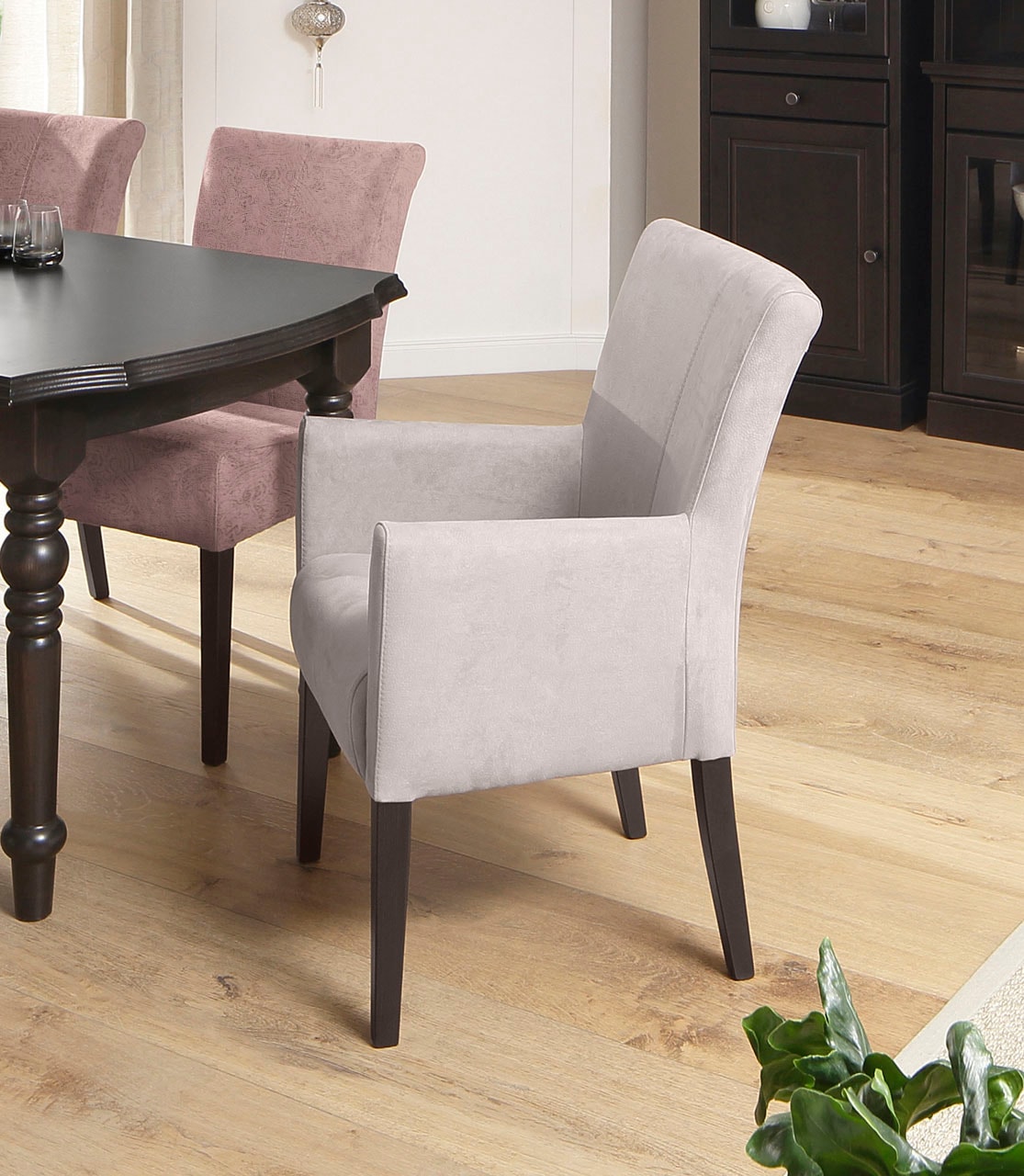 Home affaire Esszimmerstuhl »Queen«, (Set), 6 St., Luxus-Microfaser mit Druck, Beine aus massiver Buche, wengefarben lackiert, Polsterstuhl