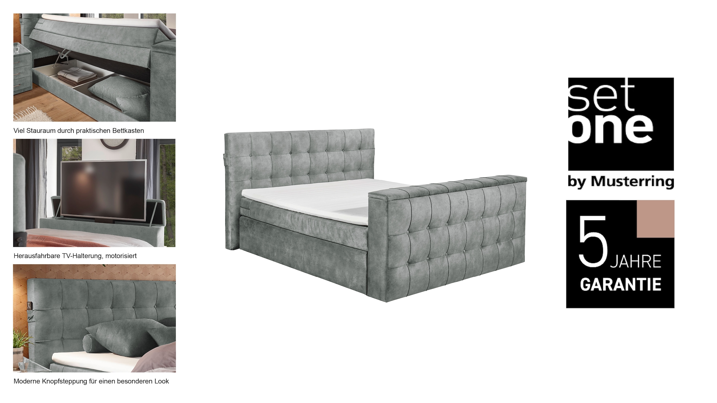 set one by Musterring Boxspringbett »Richmond«, mit Duo-Matratze (H2/H3), versenkbarer TV-Halterung (bis 40 Zoll) und Fernbedienung. Wahlweise mit/ohne Bettkasten