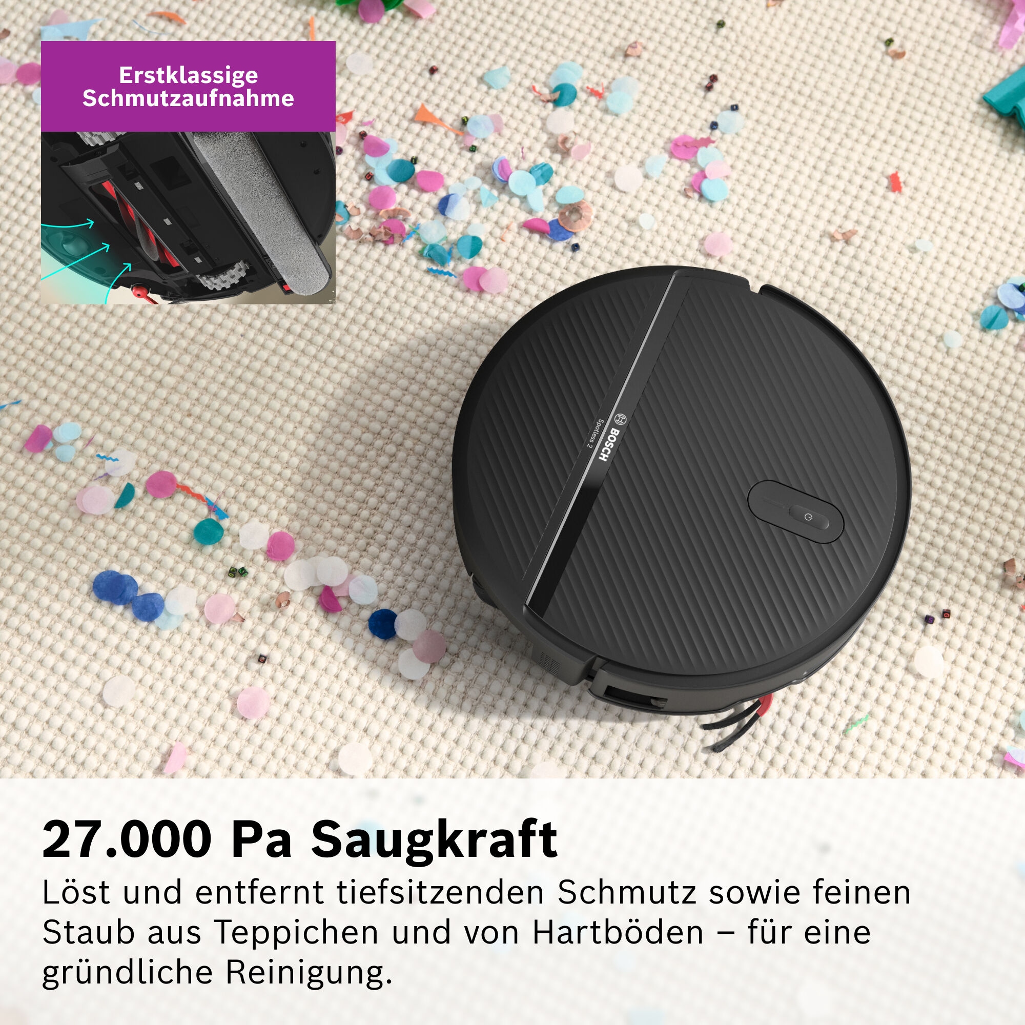 BOSCH Saugroboter »mit Wischfunktion Spotless 2 Advanced BCR2S2BX/BCR2S2WX« ausfahrbare Wischrolle, 27.000 Pa Saugkraft, smarte Fleckenentfernung