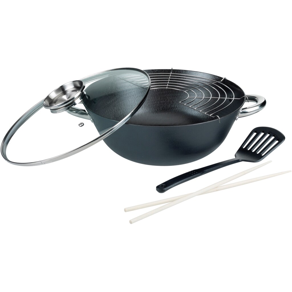 GSW Topf-Set »Gourmet Granit«, Gusseisen, (Set, 6 tlg., 1x Bratpfanne Ø 20/24 cm, 1x Grillpfanne 28 x 28 cm, 1x Wok Ø 32 cm)