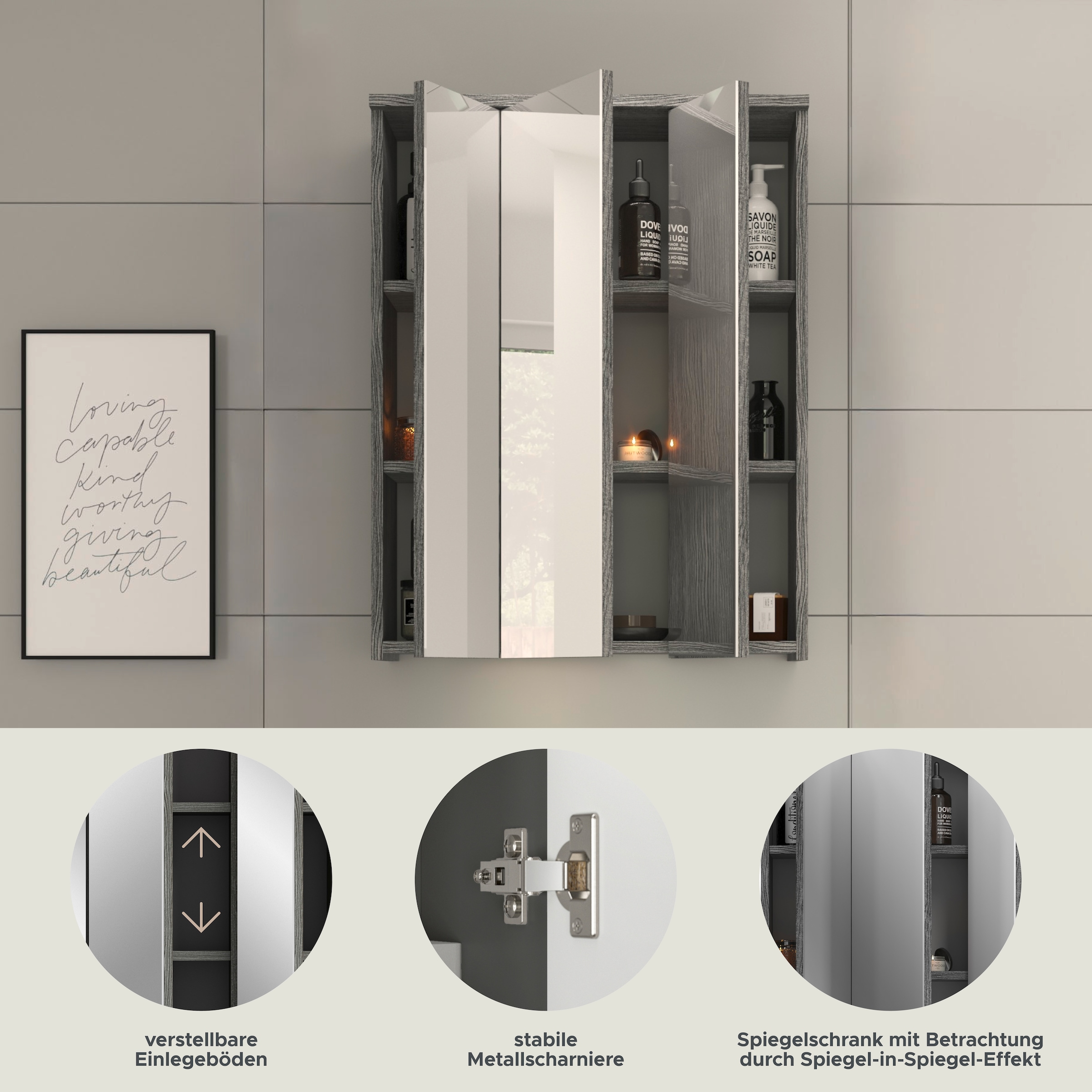 welltime Badezimmerspiegelschrank »LUCCA, TOPSELLER!, Breite 60cm, 3 Spiegeltüren, 9 Fächer, 6 Fachböden« Badmöbel, Badschrank, Schrank, Wandschrank, Bad, Badezimmer