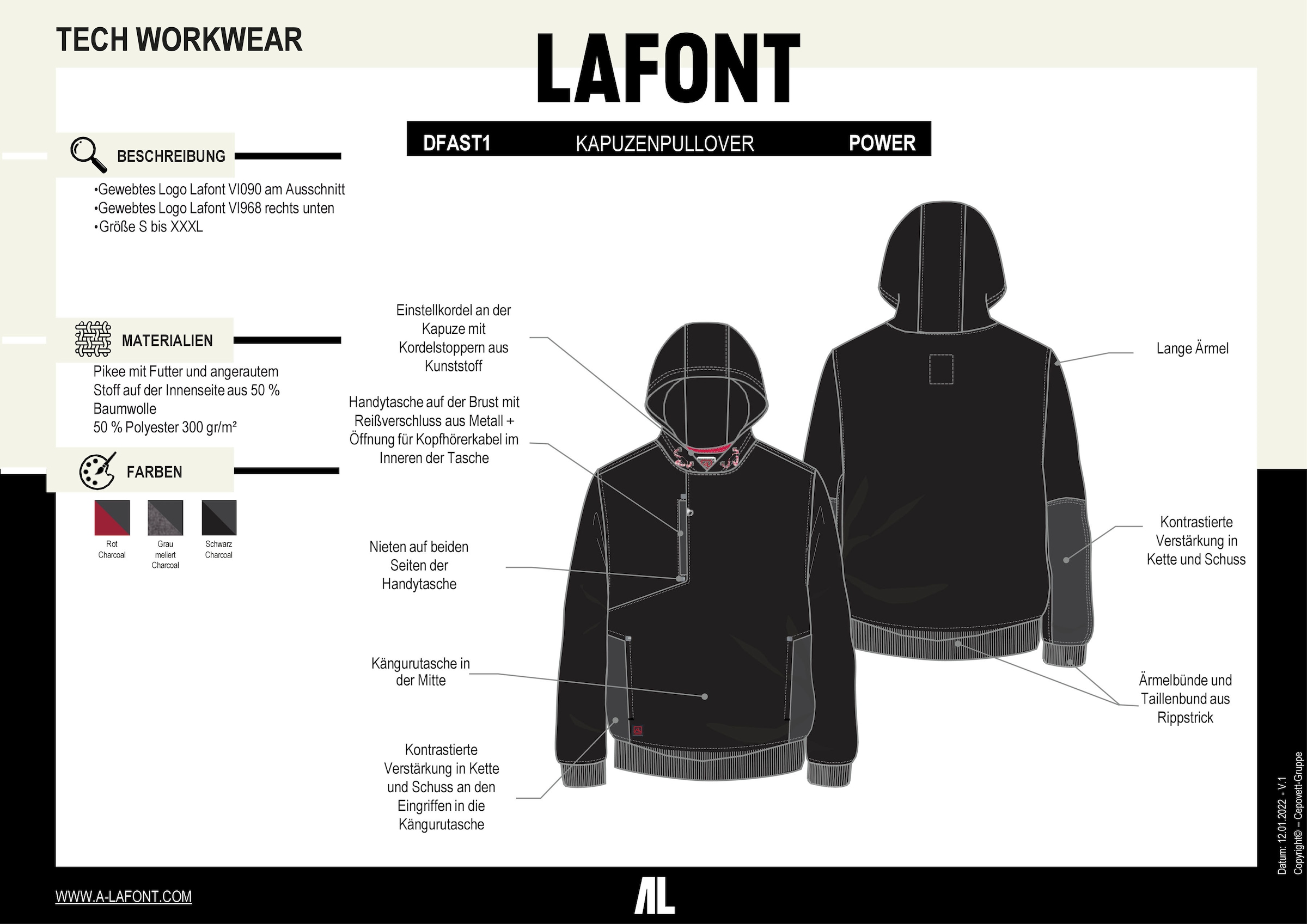 Lafont Hoodie »Unisex "Power"«, Gr. S-3XL, Brusttasche, Pflegeleicht