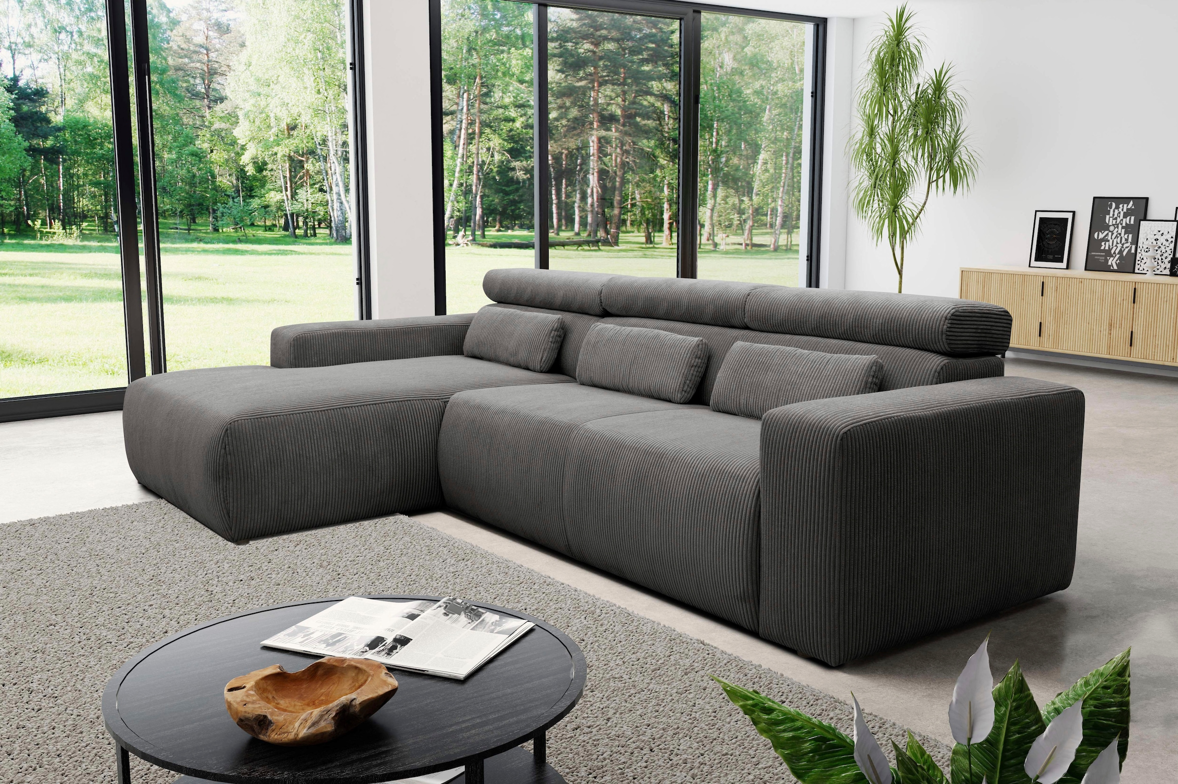 DOMO collection Ecksofa »Brandon B/T: 289/177 cm, belastbar bis 140kg/ Sitz, L-Form«, ohne Sitztiefenverstellung, Cord, grau