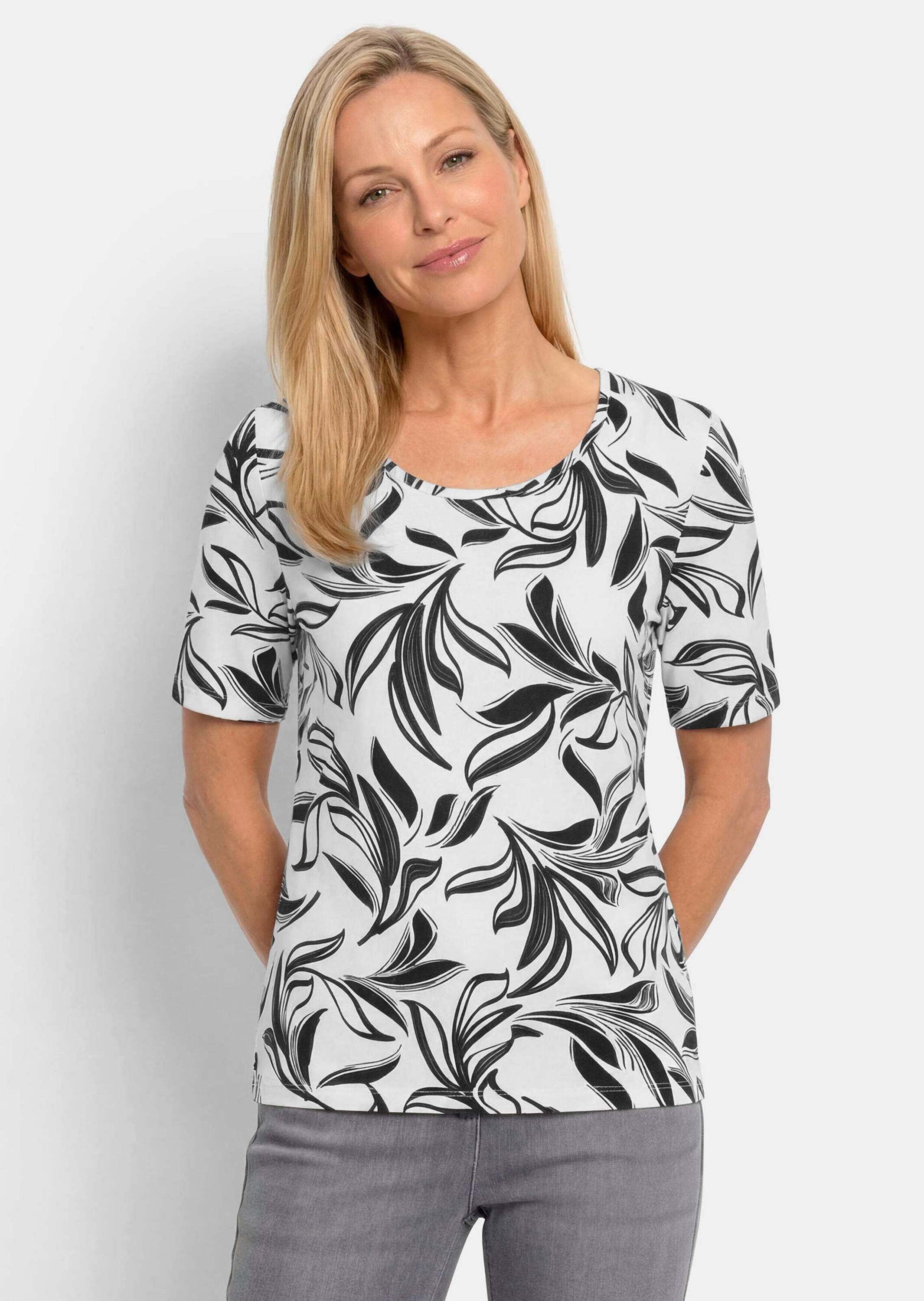 GOLDNER Kurzarmshirt »Kurzgröße Jerseyshirt mit modischem Floraldruck« stretchbequemer Viskosejersey
