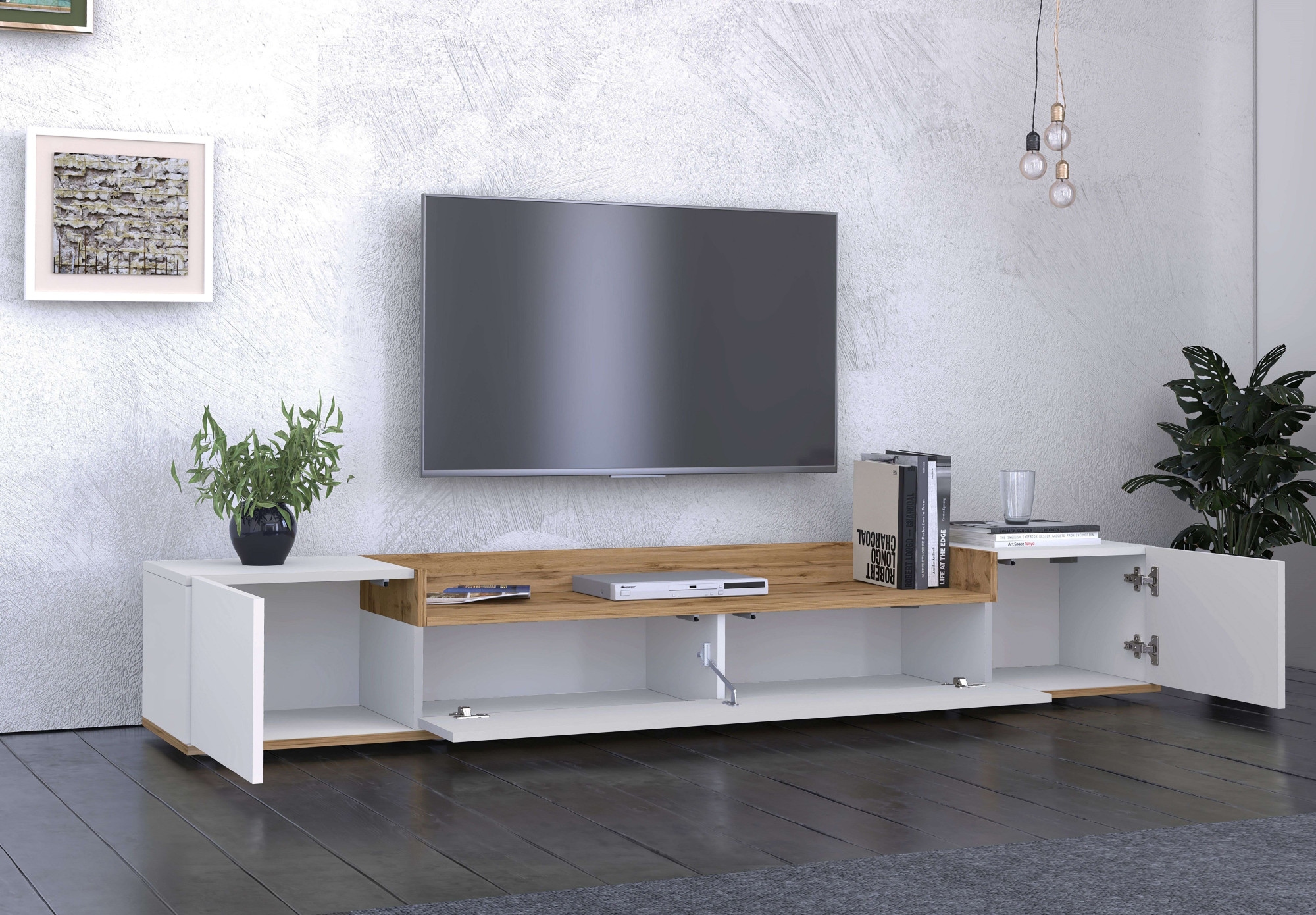 OTTO home Lowboard »BOLSENA,TV-Kommode, TV-Möbel,TV-Bank, 4 Fächer und offenes Ablagefach« 1 Stk. tlg. Breite 200 cm,stehend/hängend,Fronten Hochglanz lackiert,Made in Italy