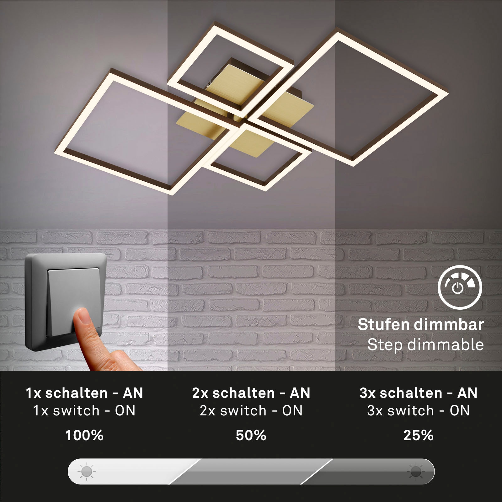 Briloner Leuchten LED Deckenleuchte »3128017 FRAME«, Leuchtmittel LED-Board | LED fest integriert, Memoryfunktion, dimmbar, schwenkbar, 3000K warmweiß, gold-braun