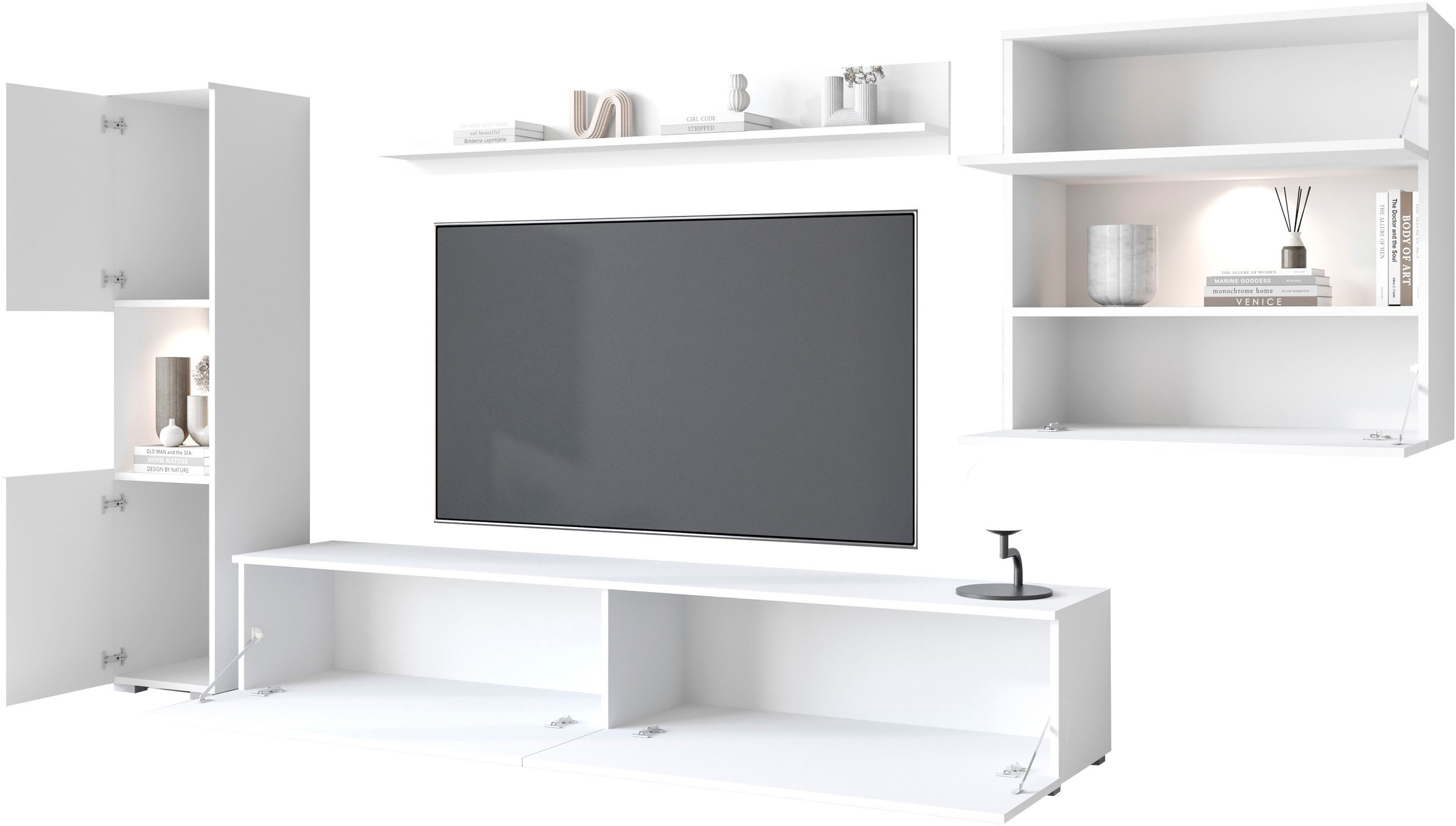 INOSIGN Wohnwand »PARIS, Vitrine Türanschlag links/rechts wechselbar«, (Komplett-Set, 4 St.), grifflose Design, stehend und hängend montierbar