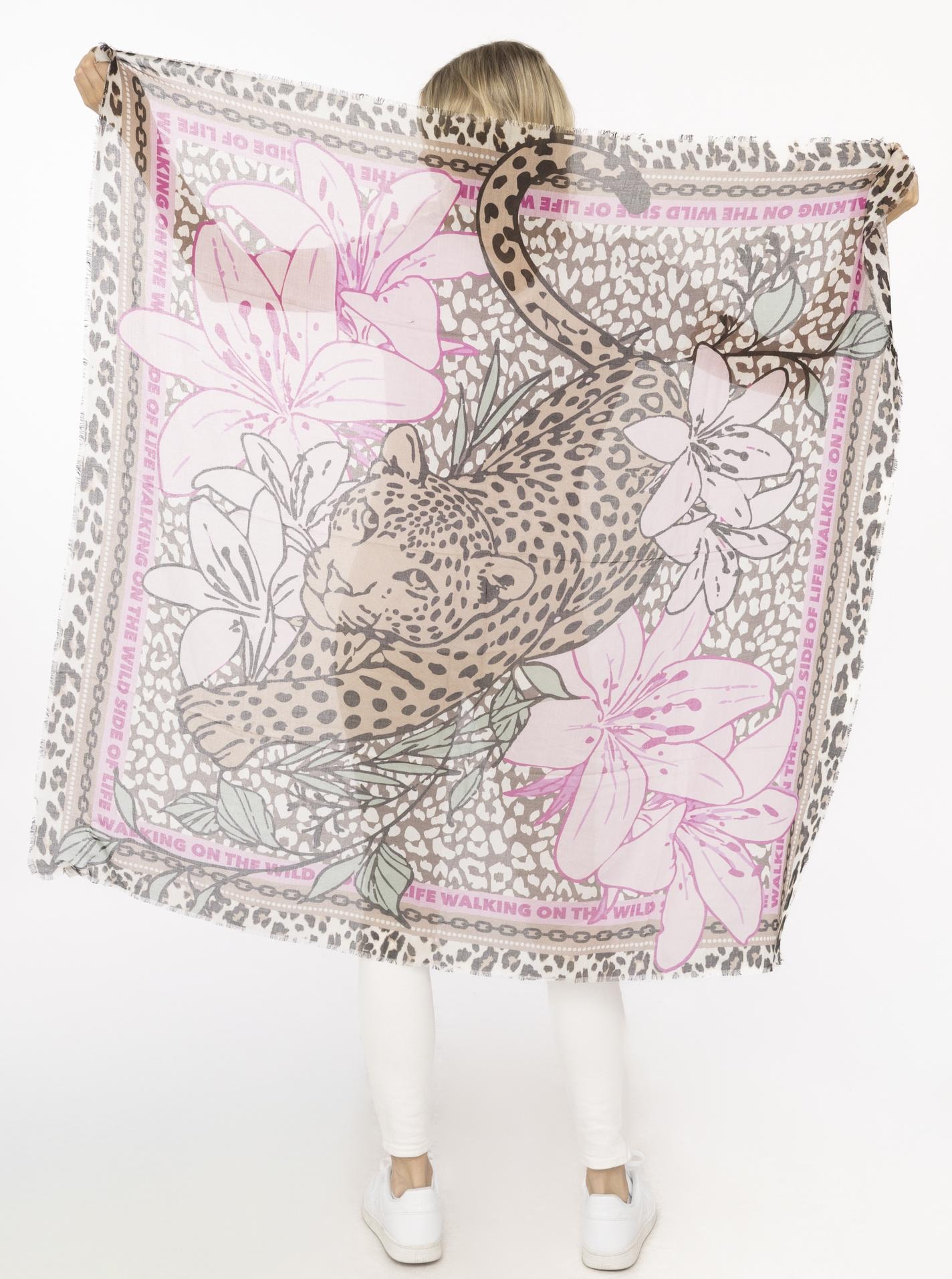 Zwillingsherz Modetuch »"Wild Side of Life"« Mustermix: Leopard und Blüten, Fransenabschlüsse rundum