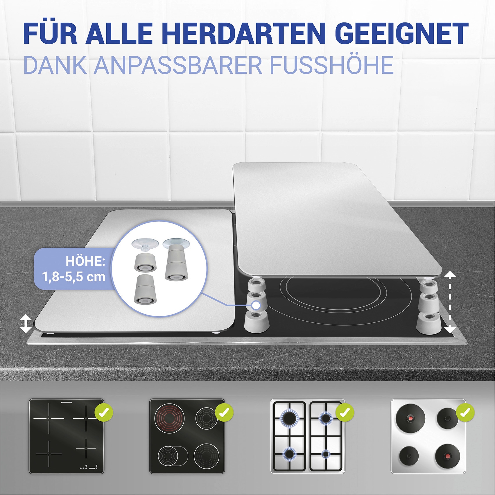 WENKO Herd-Abdeckplatte »Universal Modell Silber«, (Set, 2 tlg.), Herdabdeckung für alle Herdarten, kratzfest, mit rutschfesten Füßen