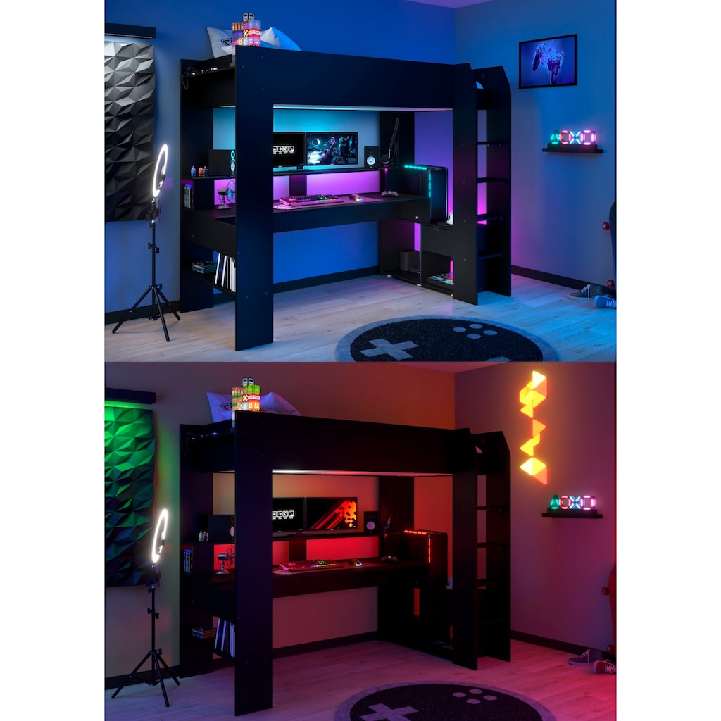 Parisot Hochbett »Gaming-Bett, mit Schreibtisch, USB Anschluss, LED, viel Stauraum«