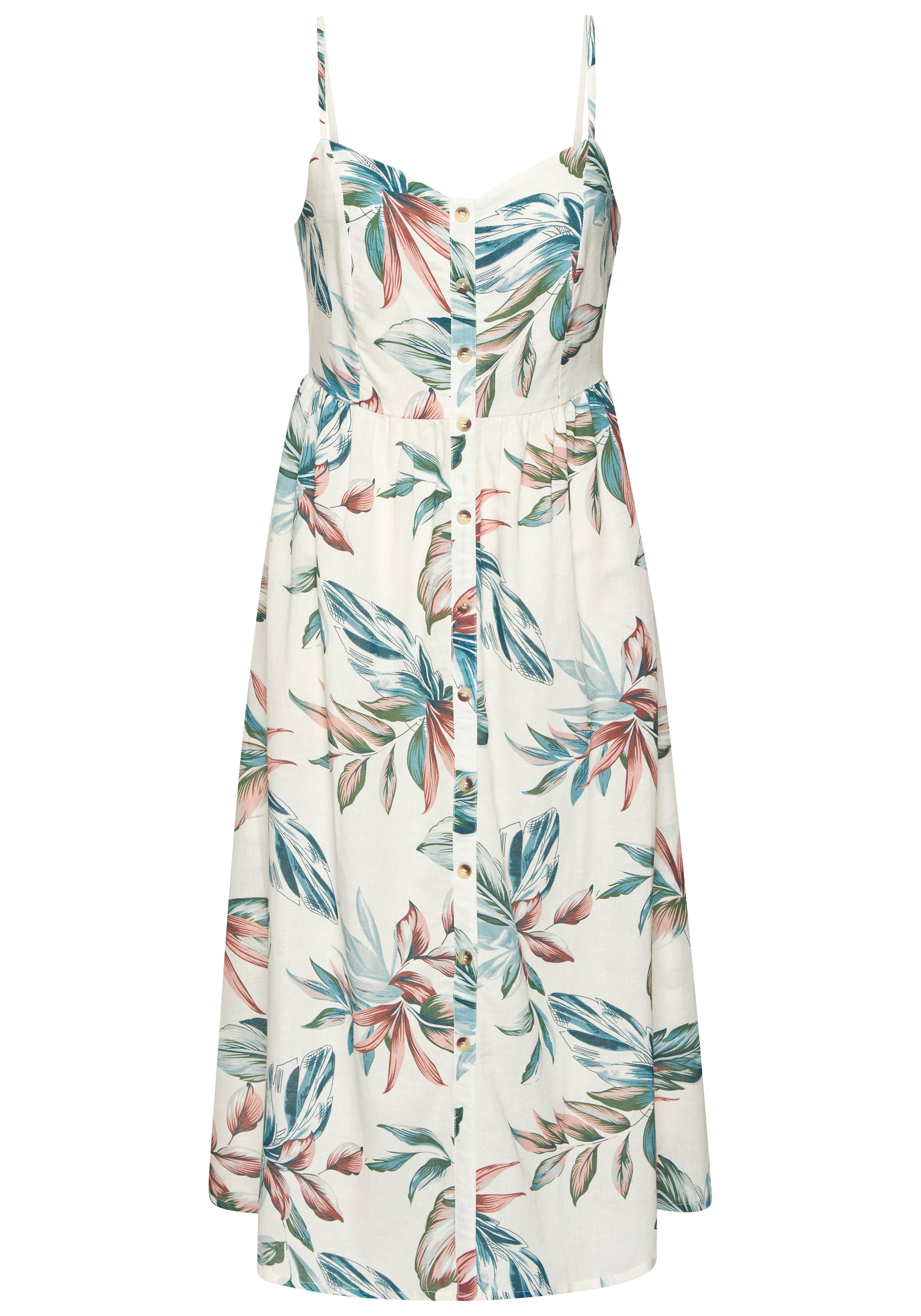LASCANA Midikleid »mit floralem Druck aus Webware mit Leinenanteil« Ohne Taschen Spaghettikleid, elegantes Sommerkleid, Webkleid mit Alloverdruck