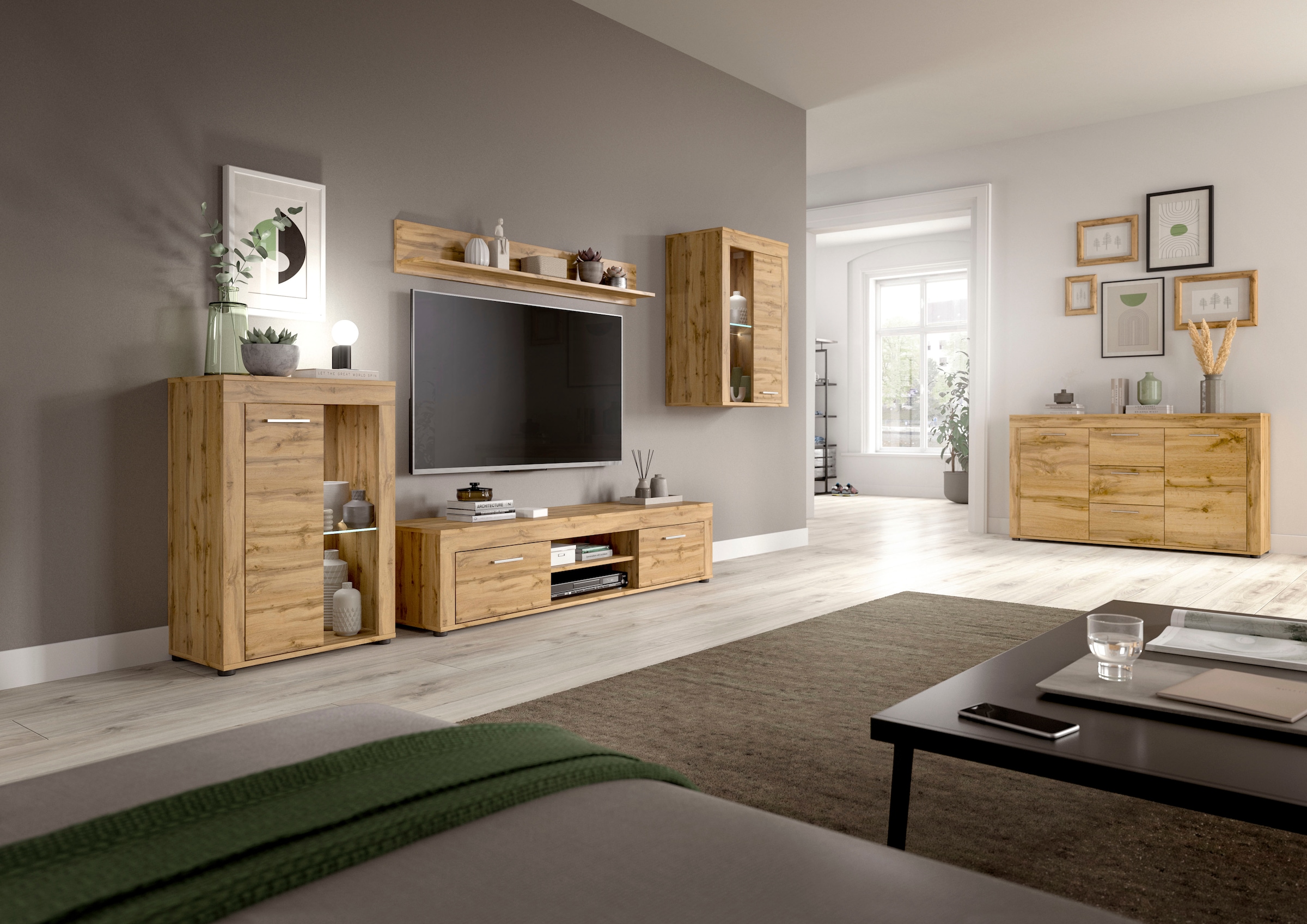 INOSIGN Wohnwand »Aosta, 4-tlg., best. aus: Vitrine, Lowboard, Wandboard & Vitrine hoch«, (4 St.), Wohnwand, Kombination, Anbauwand, Möbel Set, Schrankwand, Möbel Kombi