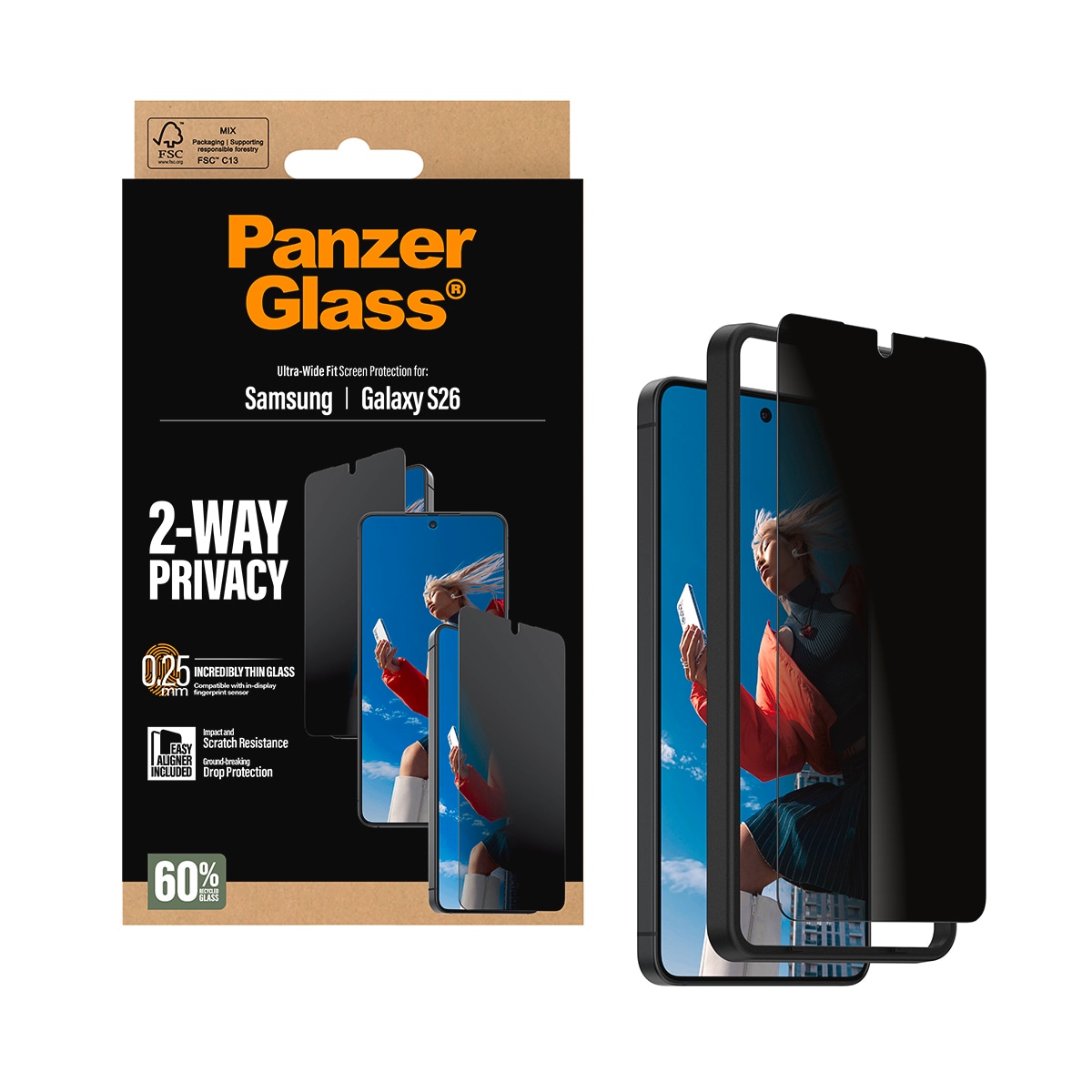 CARE by PanzerGlass Displayschutzglas »Ultra-Wide Fit 2-Way Privacy Screen Protector« für Samsung Galaxy S26 Displayschutzfolie, Schutzfolie, Bildschirmschutz, kratz- & stoßfest
