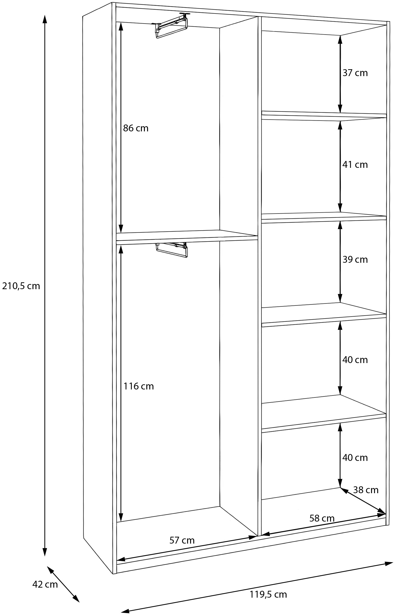 FORTE Kleiderschrank B/H/T 119,5/210,5/42cm, stehende Montage
