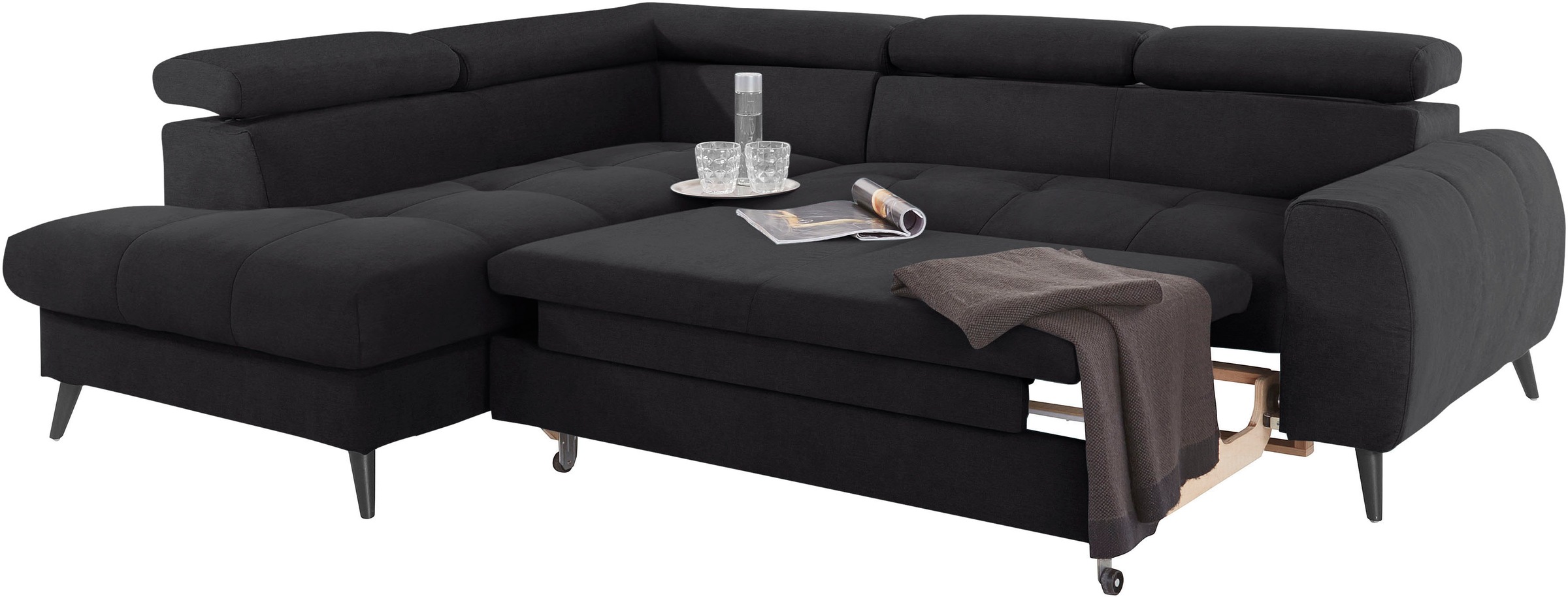 COTTA Ecksofa »Mia L-Form mit 3 Zierkissen«, wahlweise mit Bettfunktion, Bettkasten, Beleuchtung & Wireless-Charger