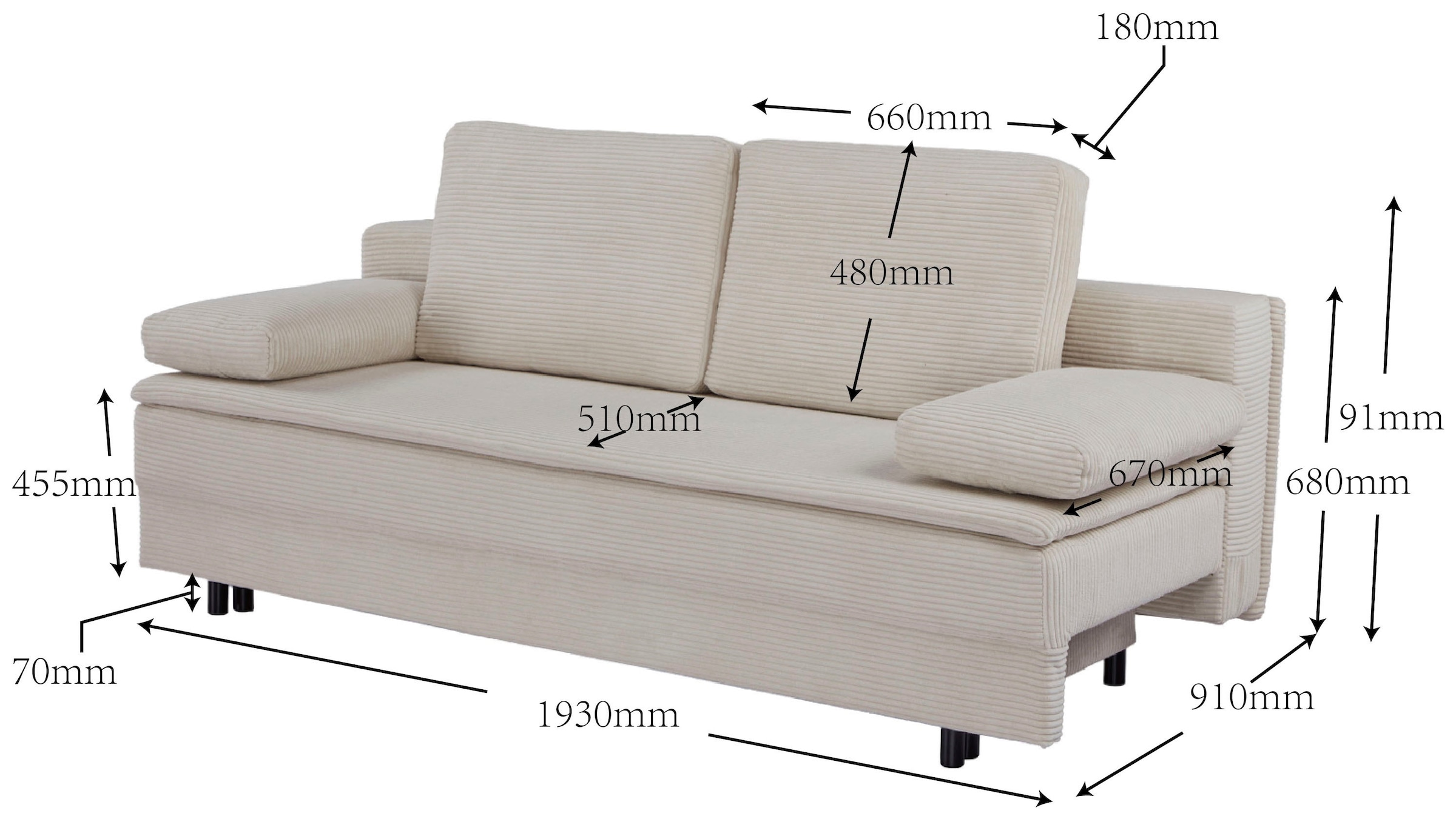 OTTO home Schlafsofa »JANNIKO Cord, Breite: 193 cm, Liegefläche 124x193 cm, softer Cord« mit Bettfunktion & Bettkasten
