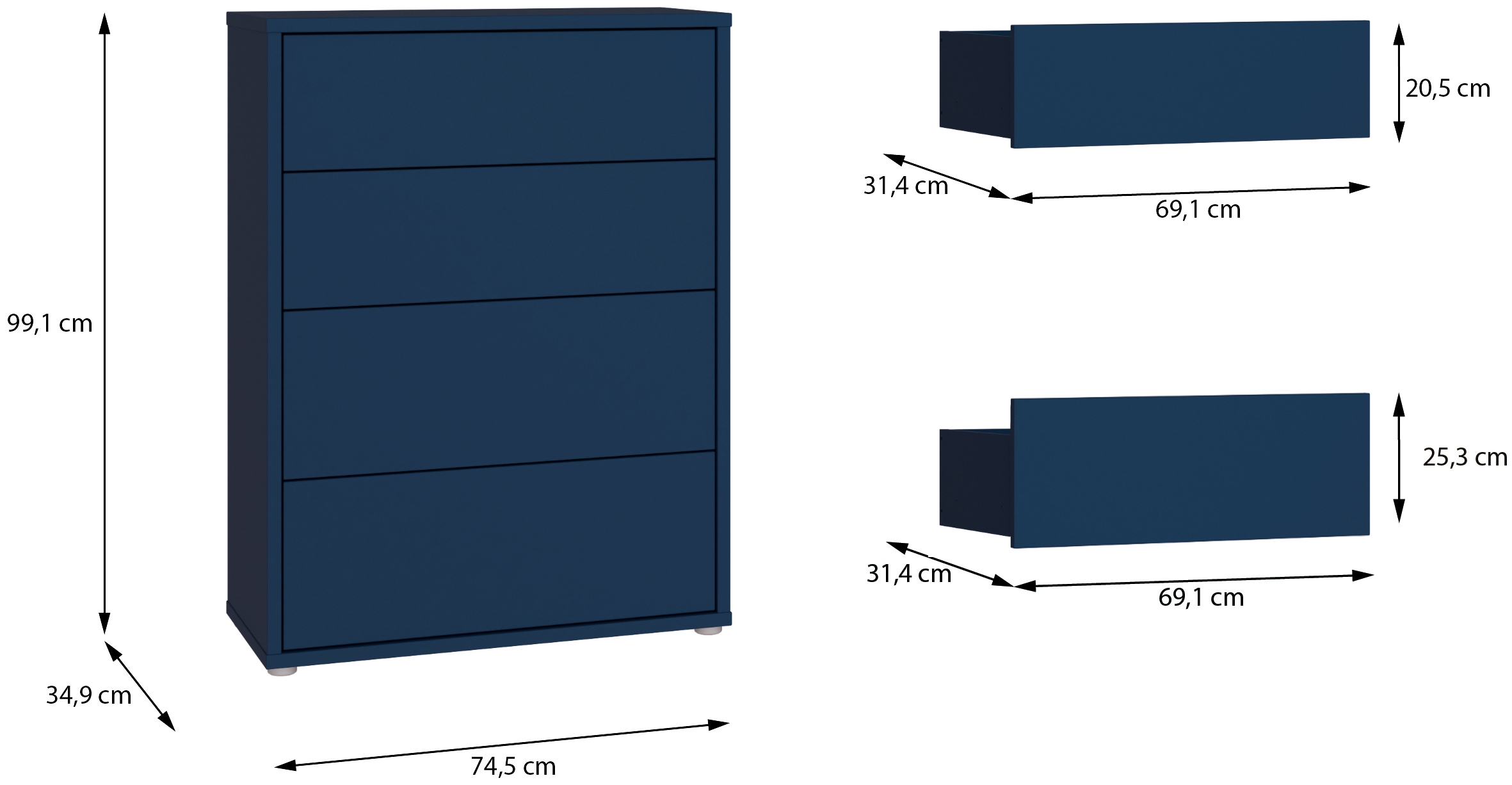 FORTE Kommode »Alice Springs, Kommode 4 Schubkästen B/H/T 74,5/99,1/34,9 cm« Schubkästen mit Vollauszug, Grifflos, Push to open