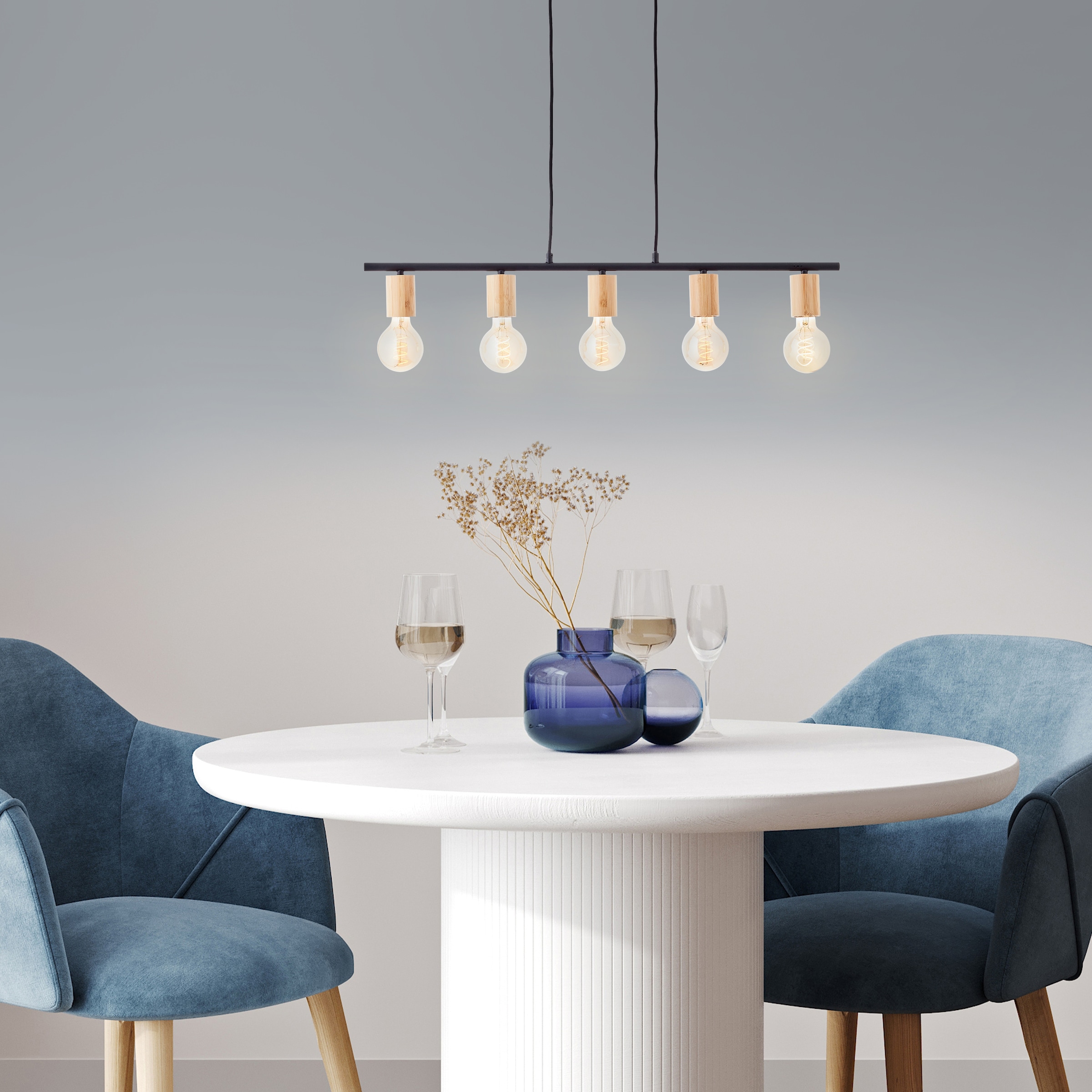 Brilliant Pendelleuchte »Kerry«, 5 flammig, Leuchtmittel E27 | ohne Leuchtmittel, 113 x 80 x 5 cm, 5 x E27, kürzbar, Metall/Bambus, schwarz/natur