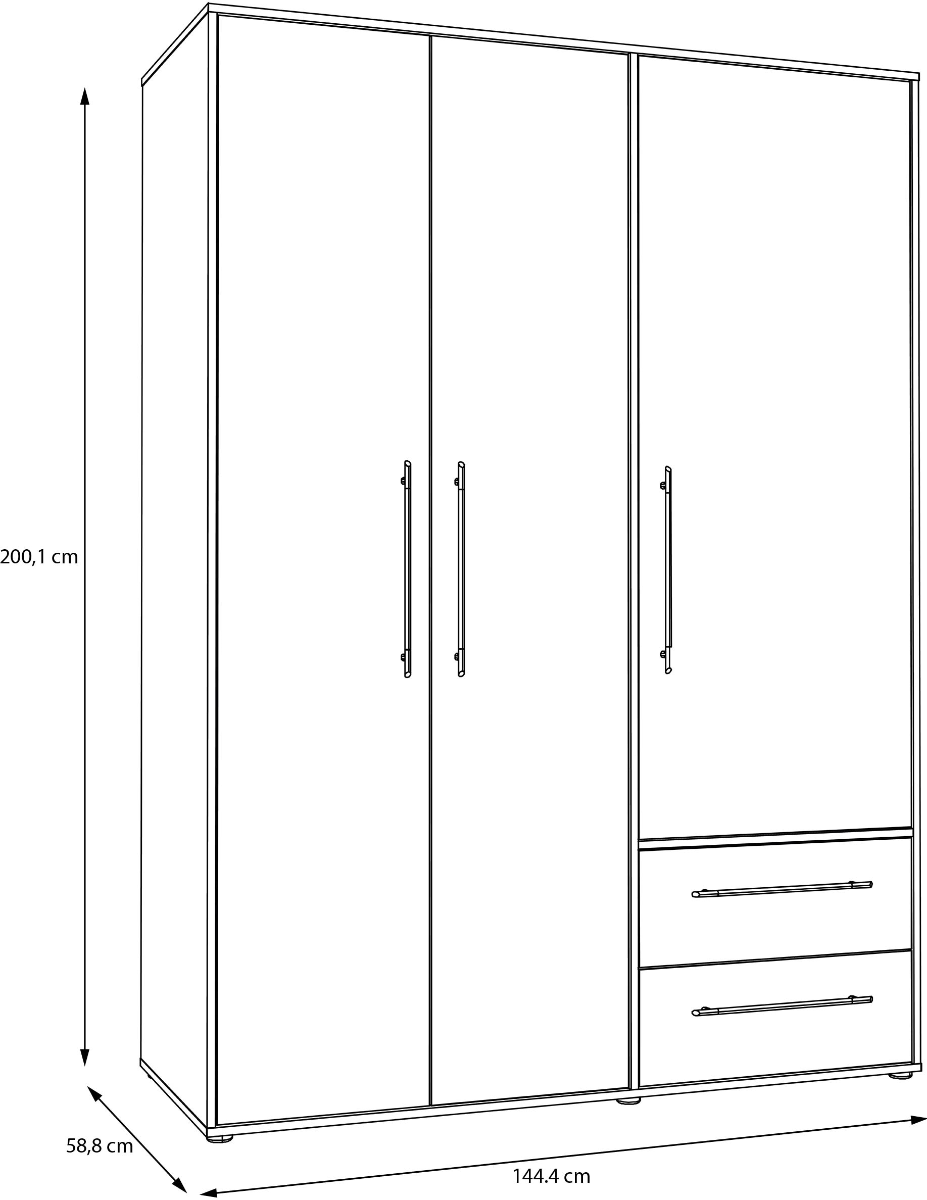 FORTE Drehtürenschrank »Mokkaris. verschiedene Größen und Farben«, (BHT ca. 145x200x59cm oder BHT ca. 206x200x59cm), mit Schubladen und schwarzen Stangengriffen, Made in Europe